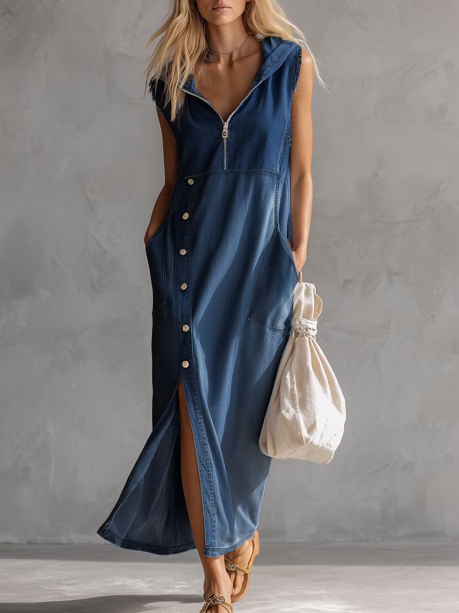 Women's Sleeveless Casual Loose Hooded Denim Dress - iotean