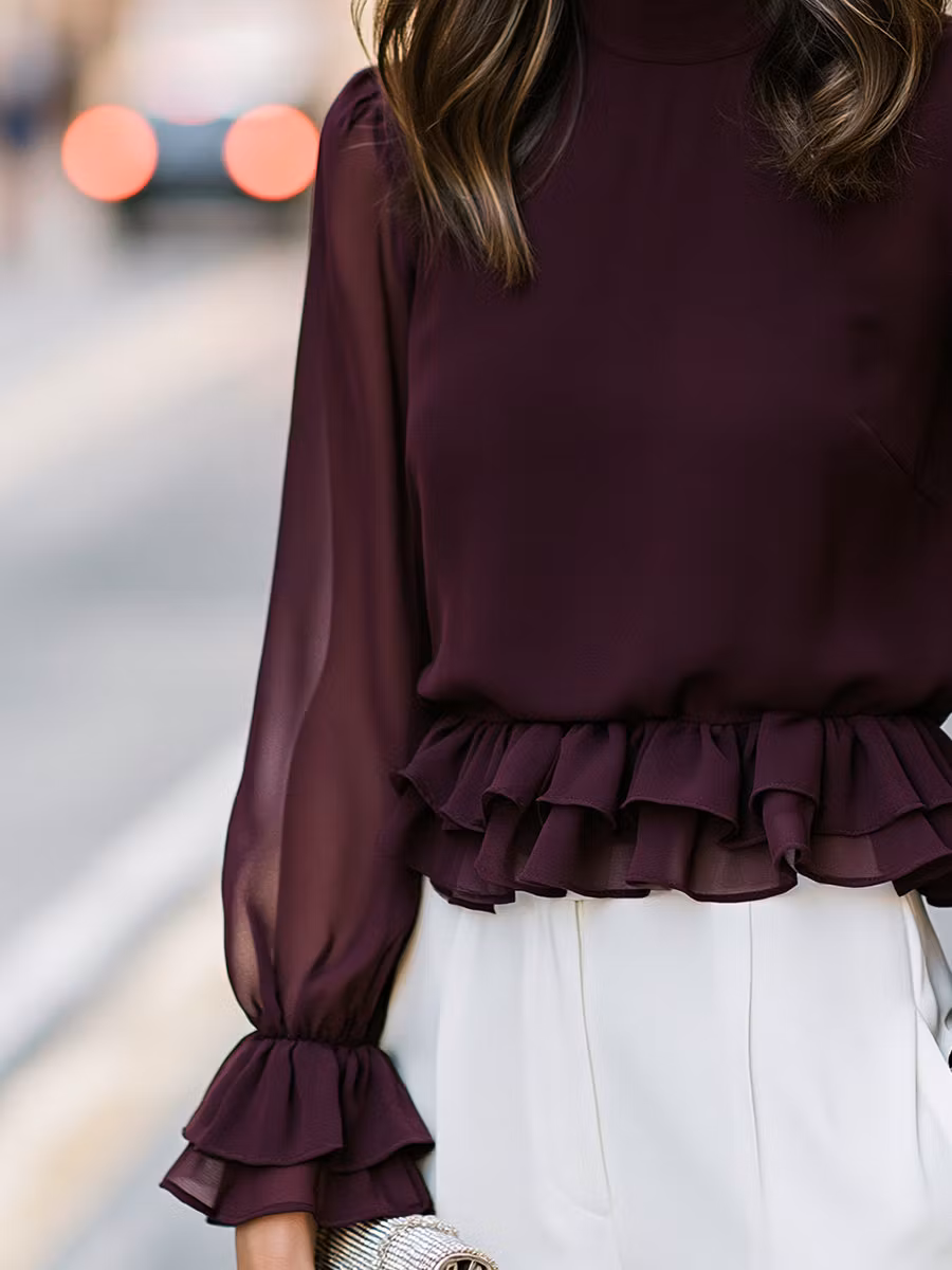 Ruffled Mock Neck Peplum Blouse - iotean