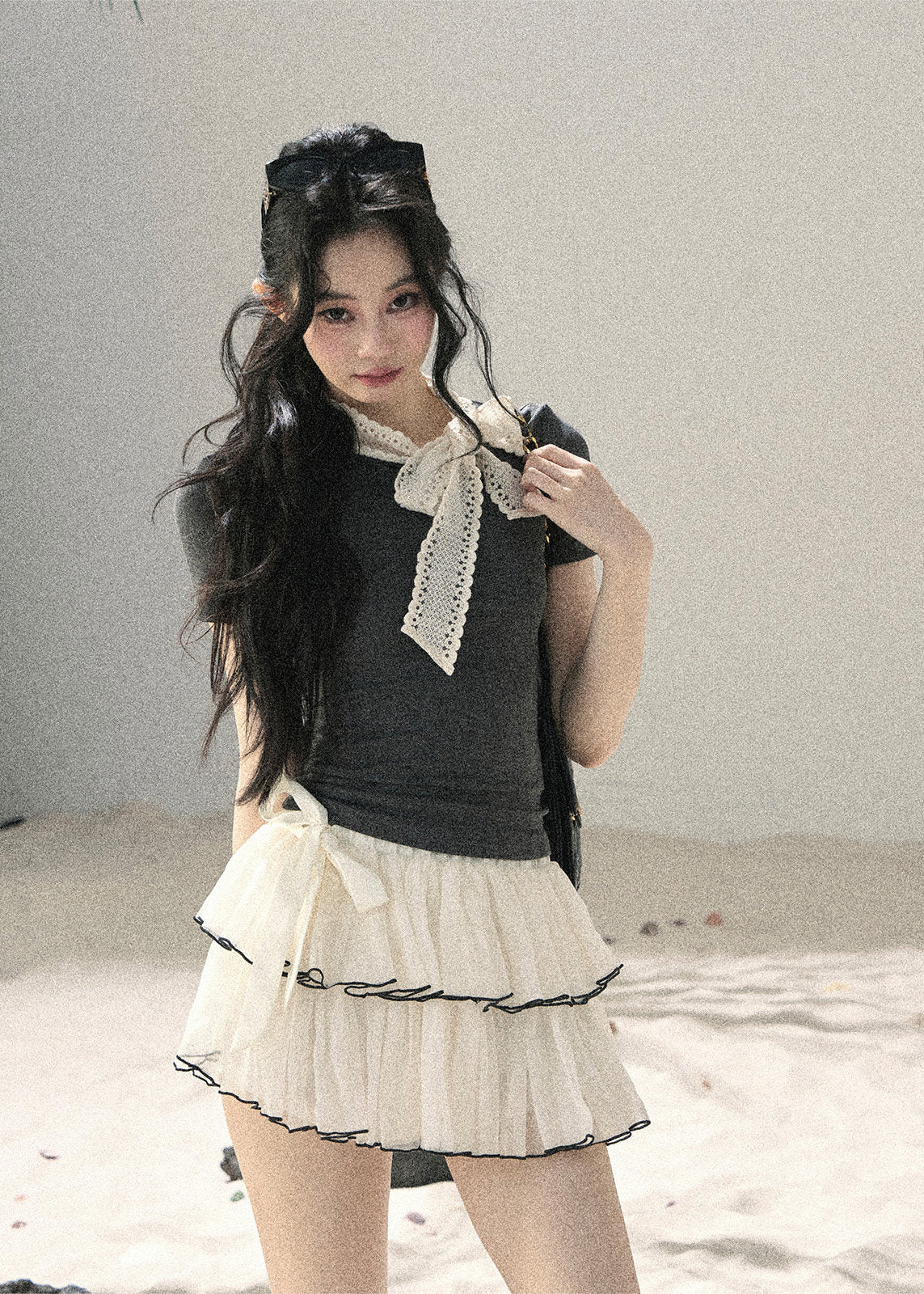Gray Shadow Lace Bow Fitted T-Shirt - iotean