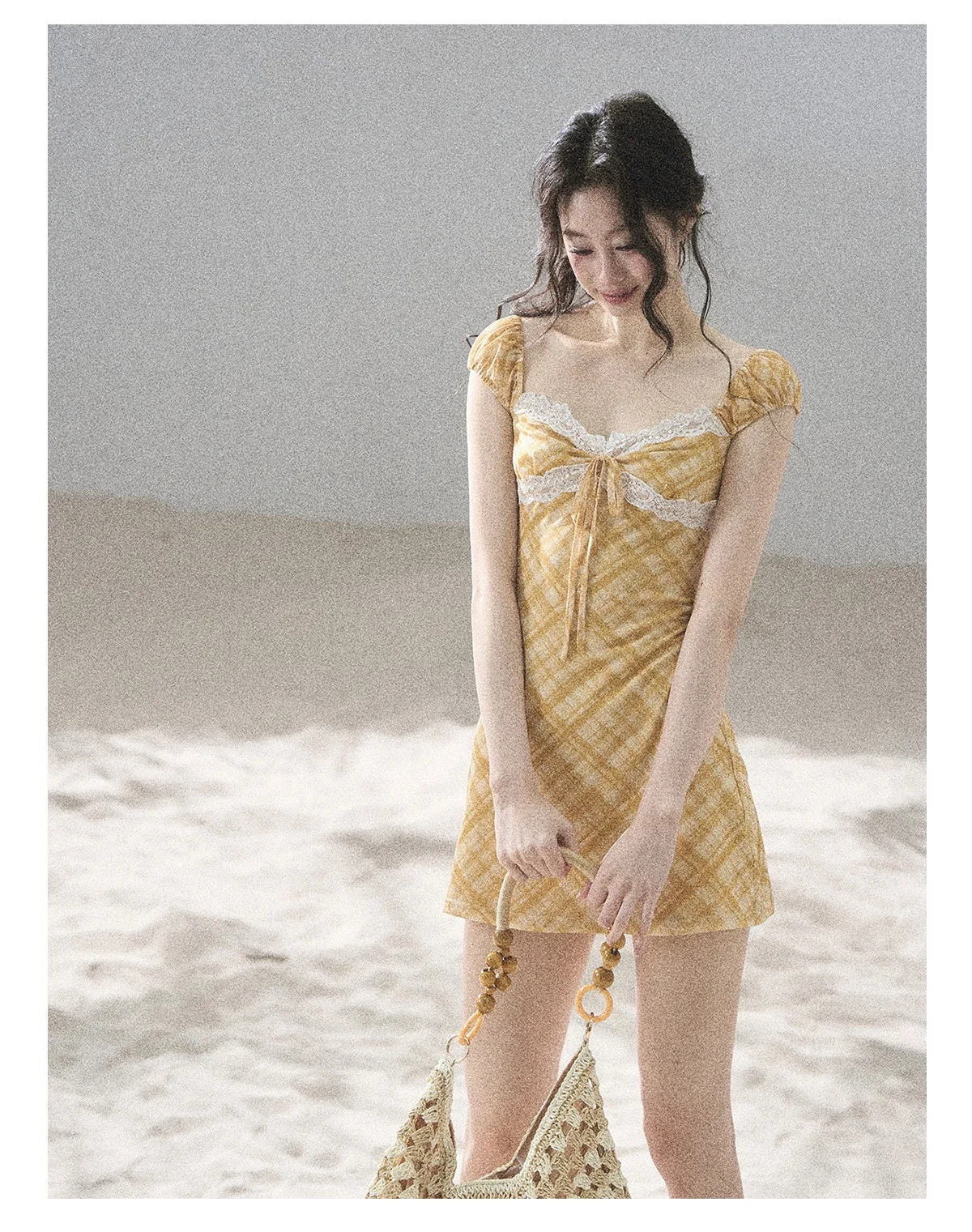 Golden Wheat Lace-Trim Mini Dress - iotean
