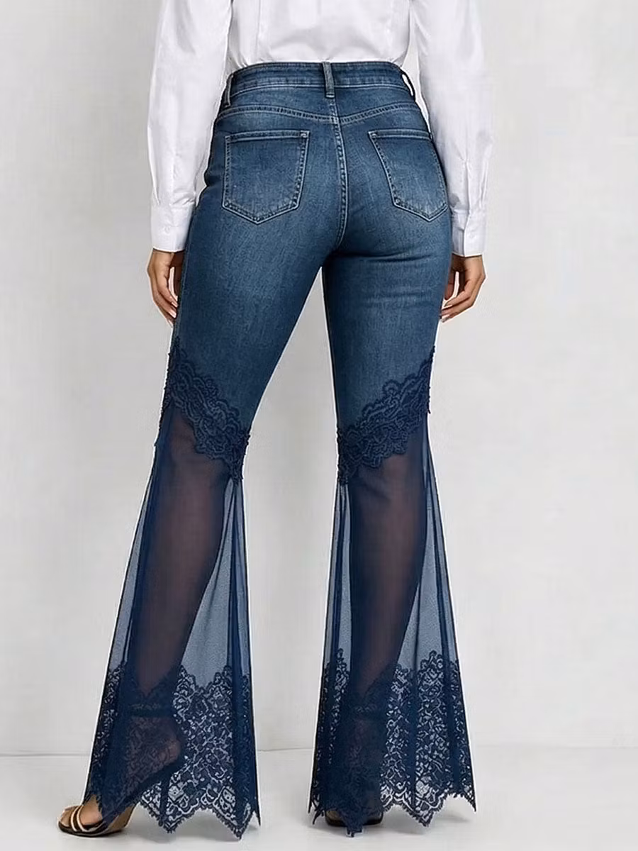 Women's High-waisted Loose-fit Lace-paneled Denim Wide-leg Pants - iotean