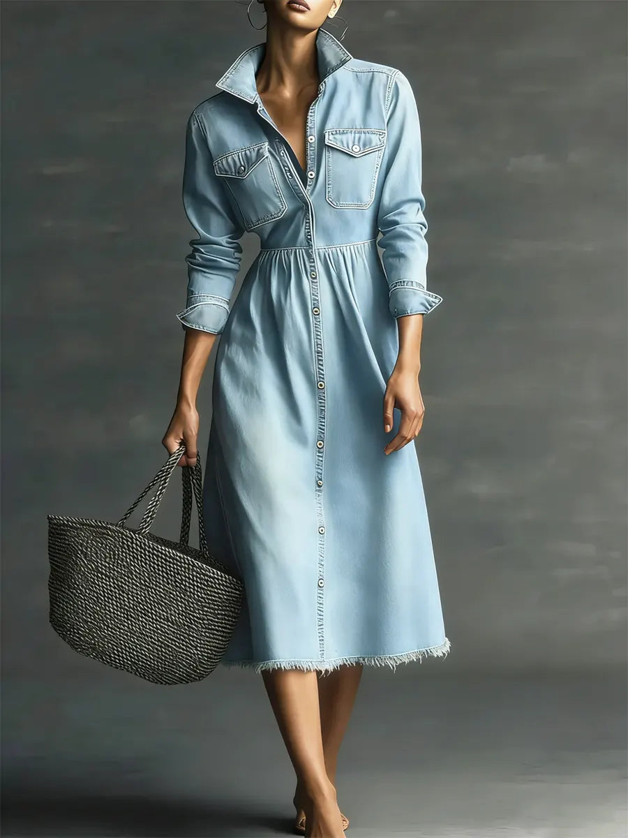 Women's Stylish Art Casual Stand Collar Washed Denim Dress - iotean