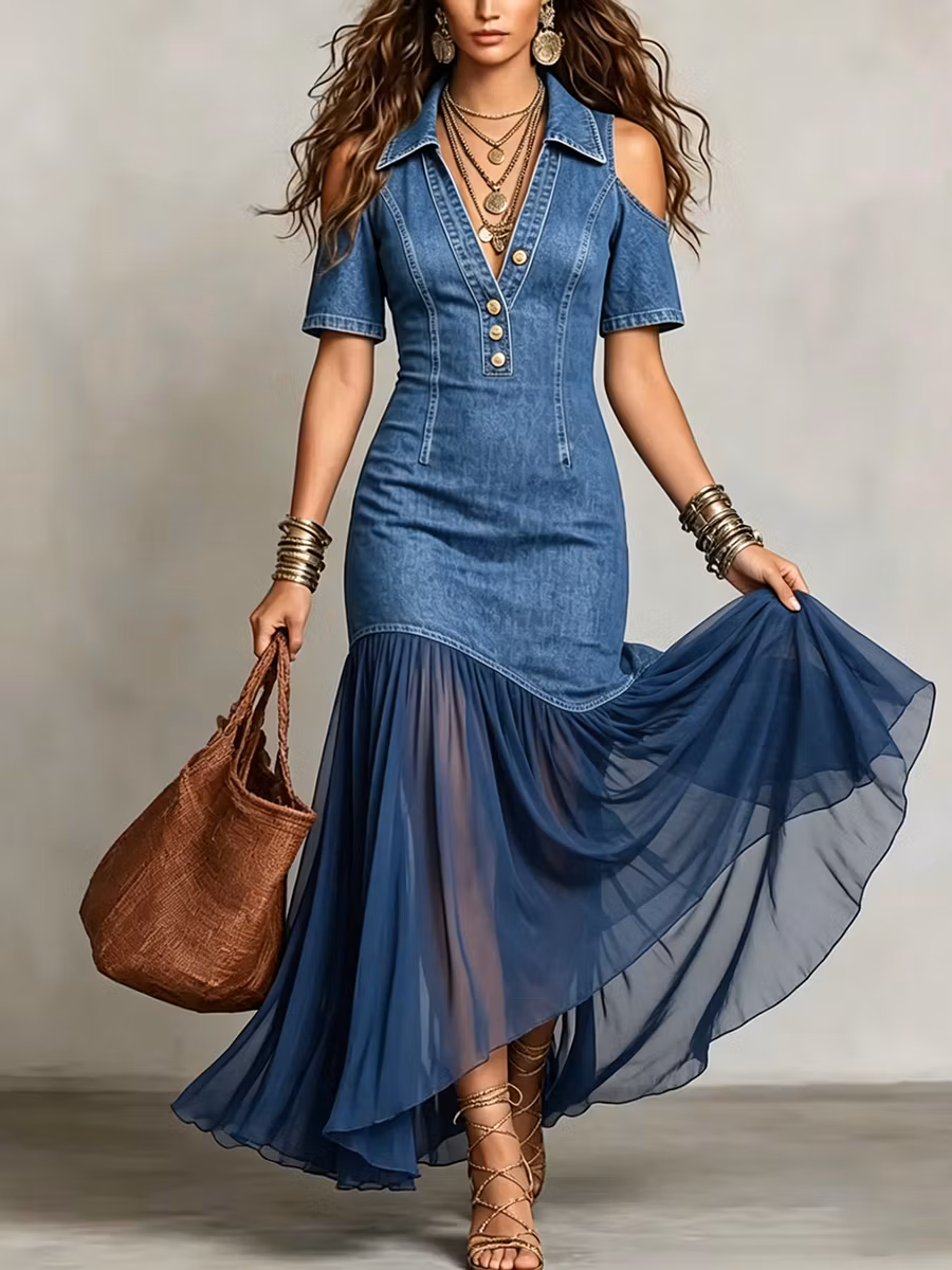 Stylish-collar Denim Maxi Dress With Organza Paneling - iotean