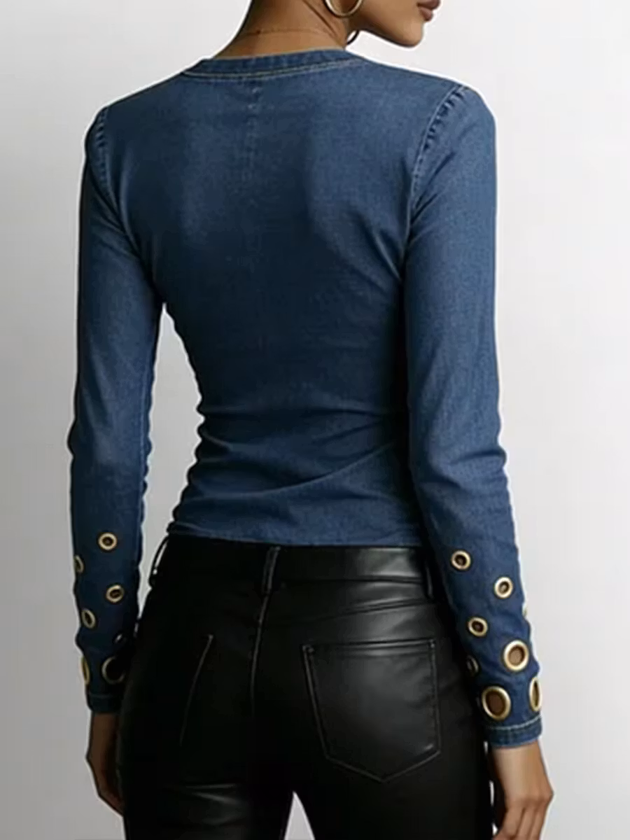 Women's Denim-look V-neck Long-sleeved Casual Loose-fitting Top - iotean