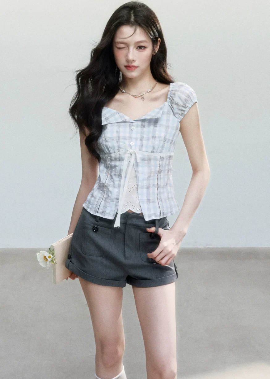 Clear Sky Plaid Lace Top - iotean