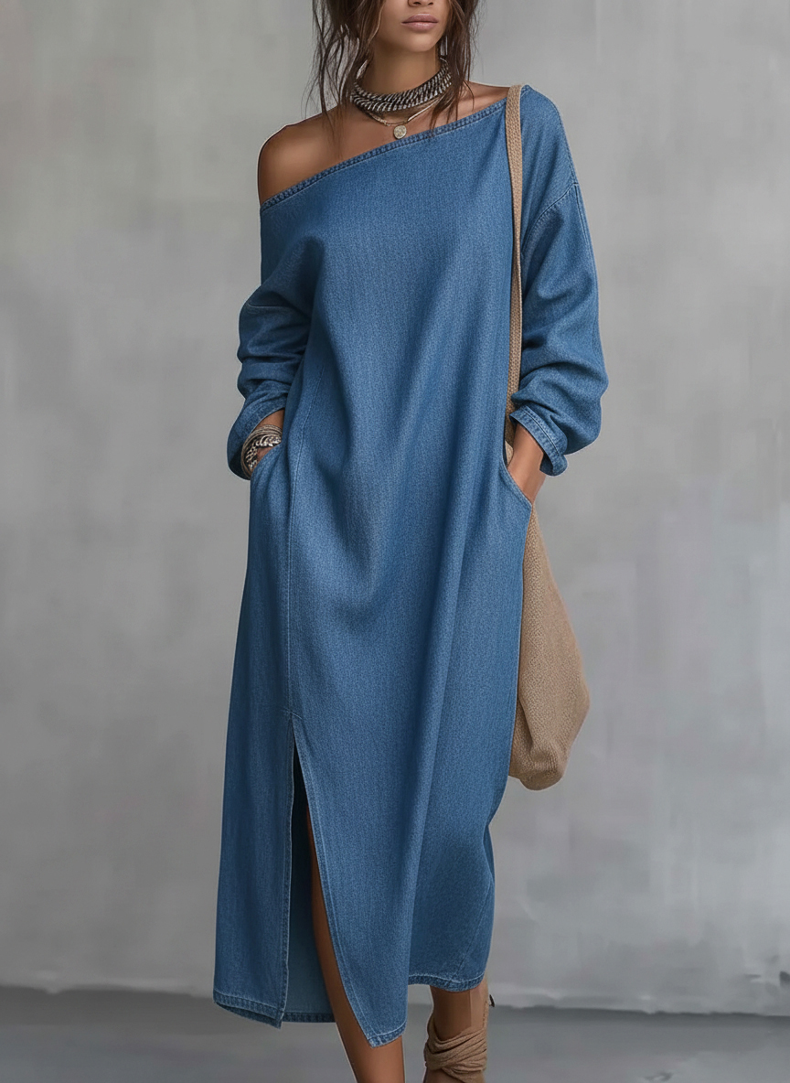 Women's Casual Off-the-shoulder Denim Dress - iotean