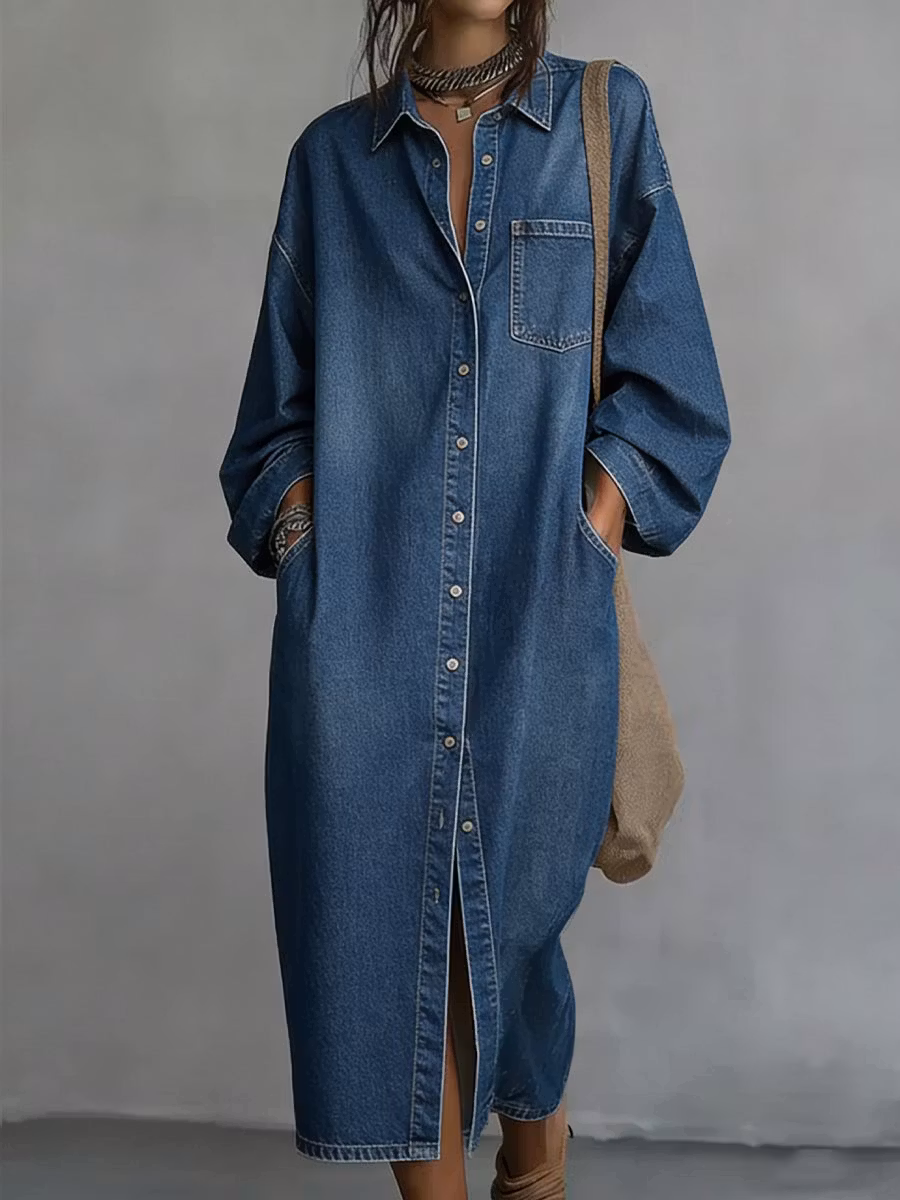 Women's Casual Comfortable Loose Denim Shirt Dress - iotean
