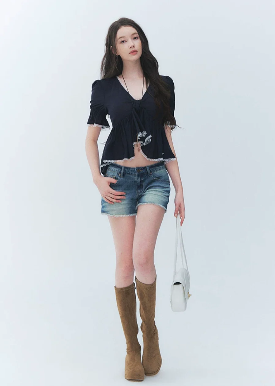 Butterfly Tie Puff Sleeve Lace Top - iotean