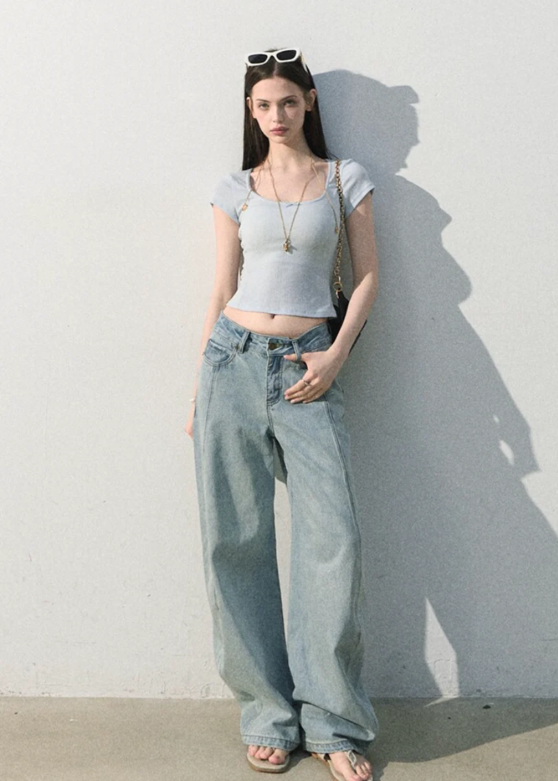 Iced Mint Lace-Trim U-Neck Top - iotean