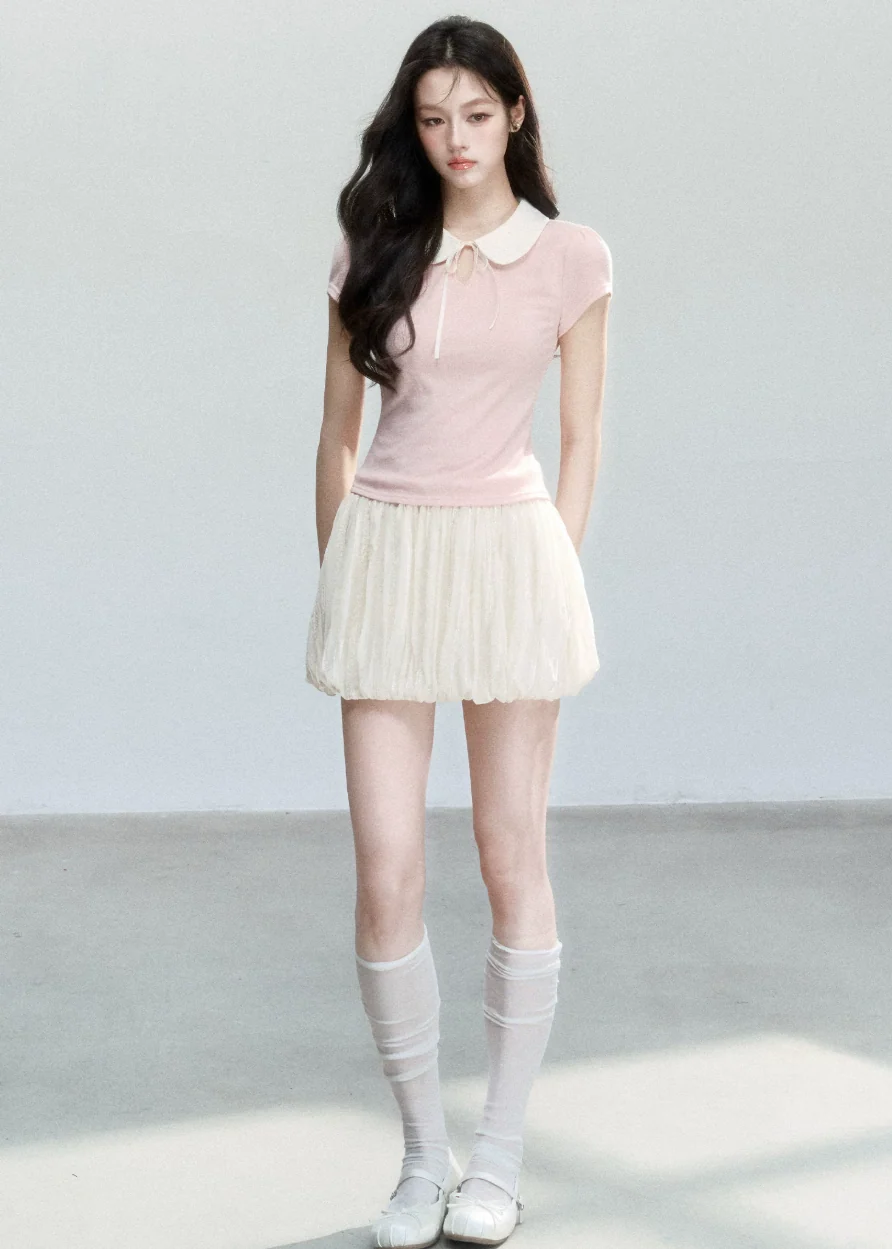 Doll Collar Slim Knit T-Shirt - iotean