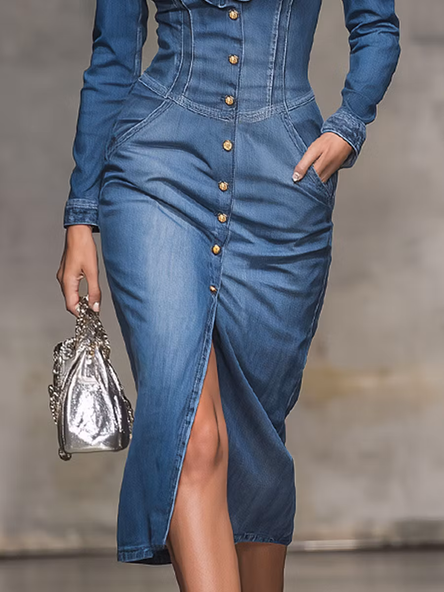 Retro V-neck Ruffled Denim Long-sleeved Midi Dress - iotean