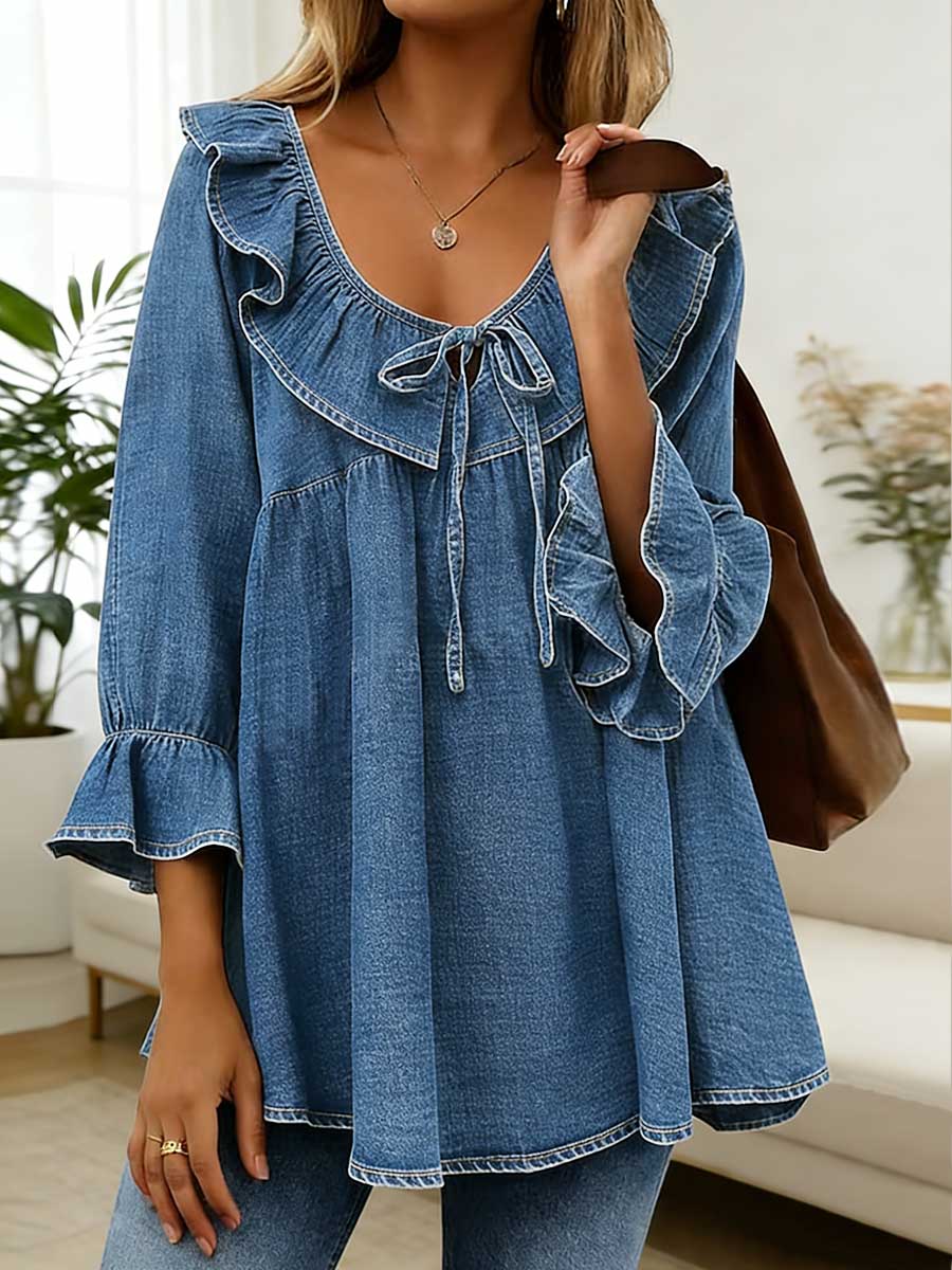 Women's Ruffled V-neck 3/4sleeved Loose-fitting Denim Top - iotean