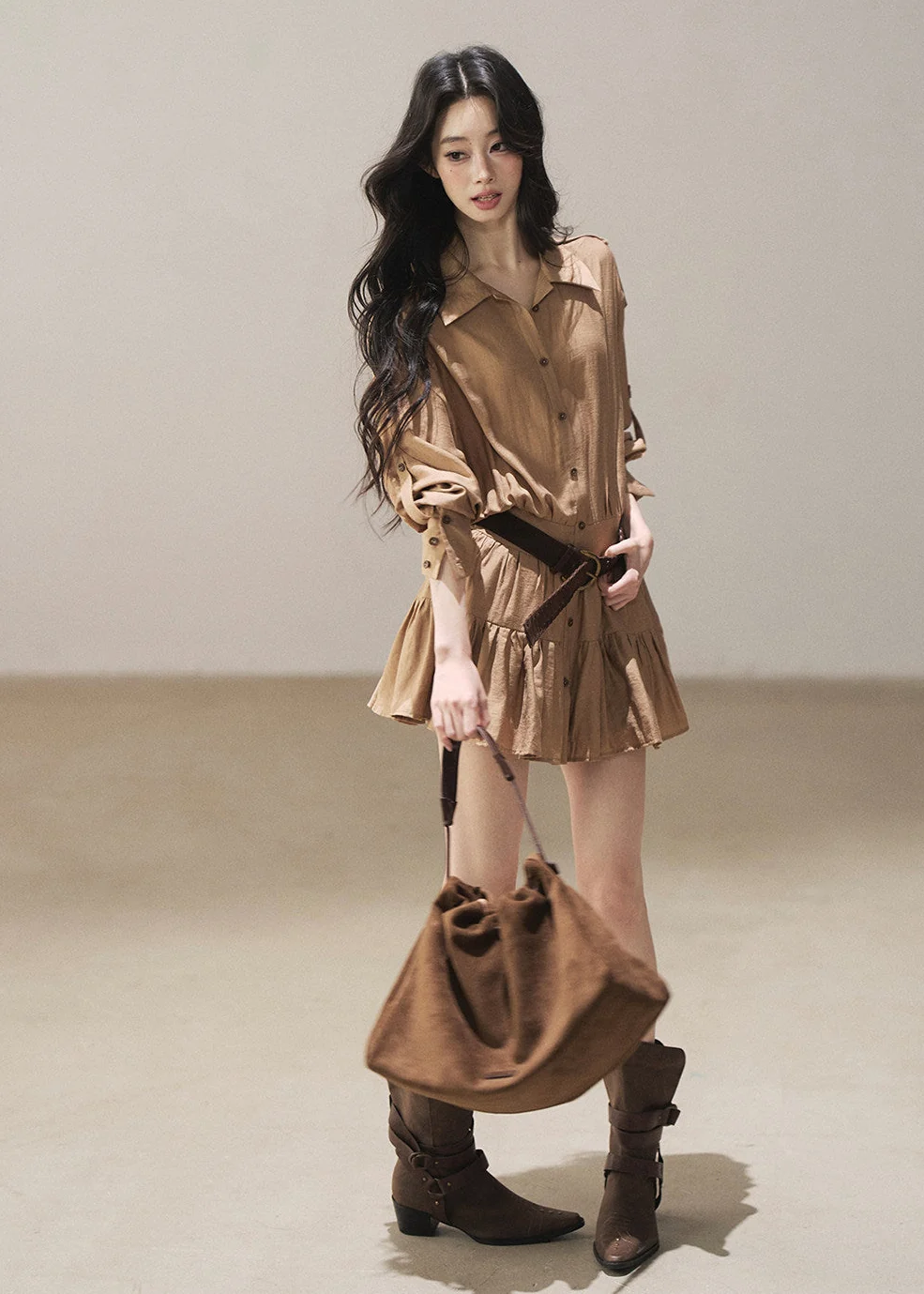 Golden Wheat Lapel Dress Set - iotean