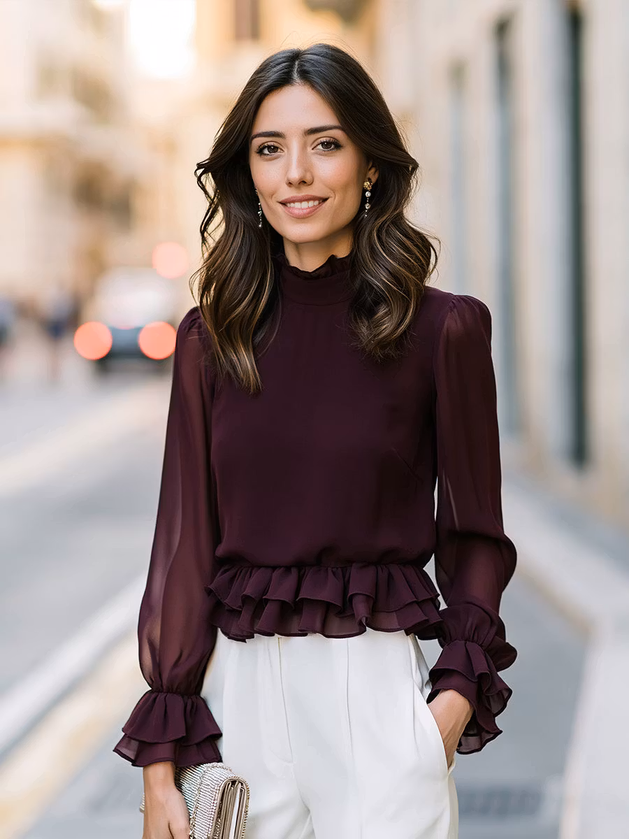 Ruffled Mock Neck Peplum Blouse - iotean