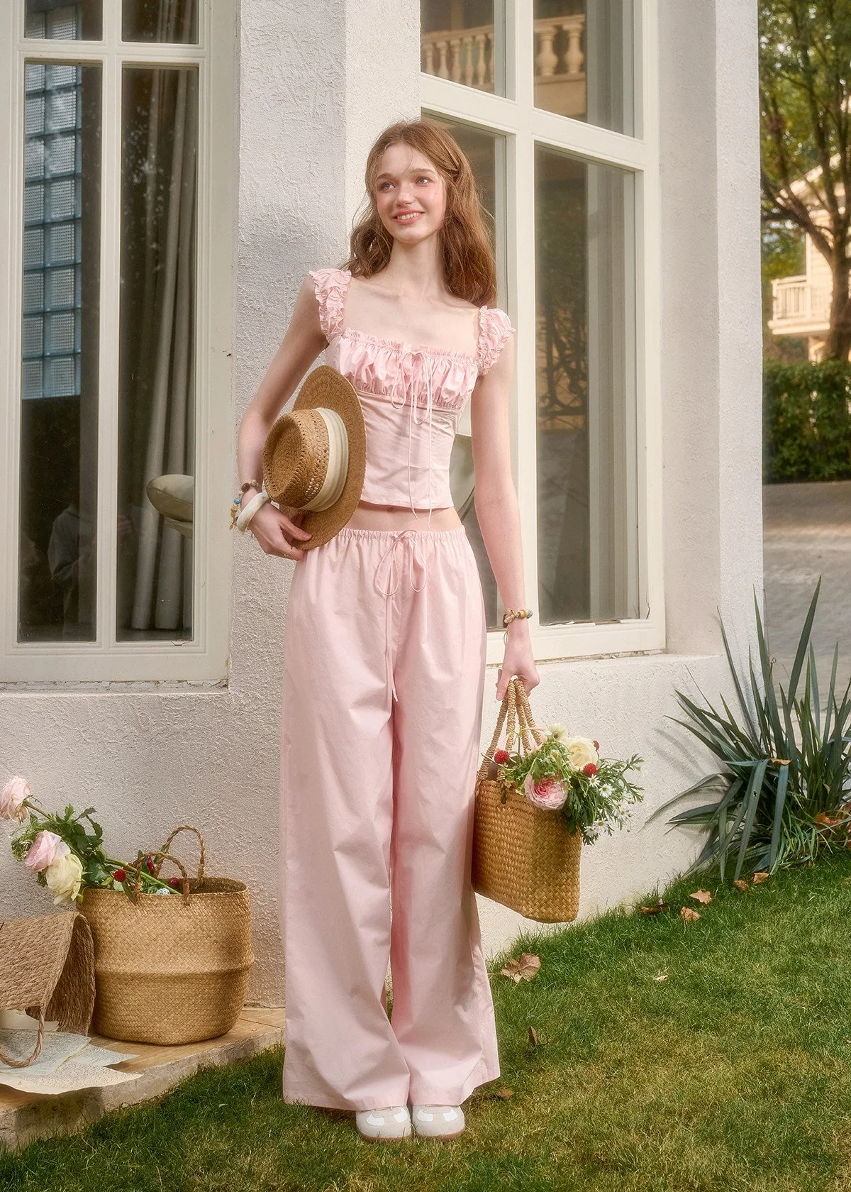 Baby Pink Ruffle Cami & Lounge Pants Set - iotean