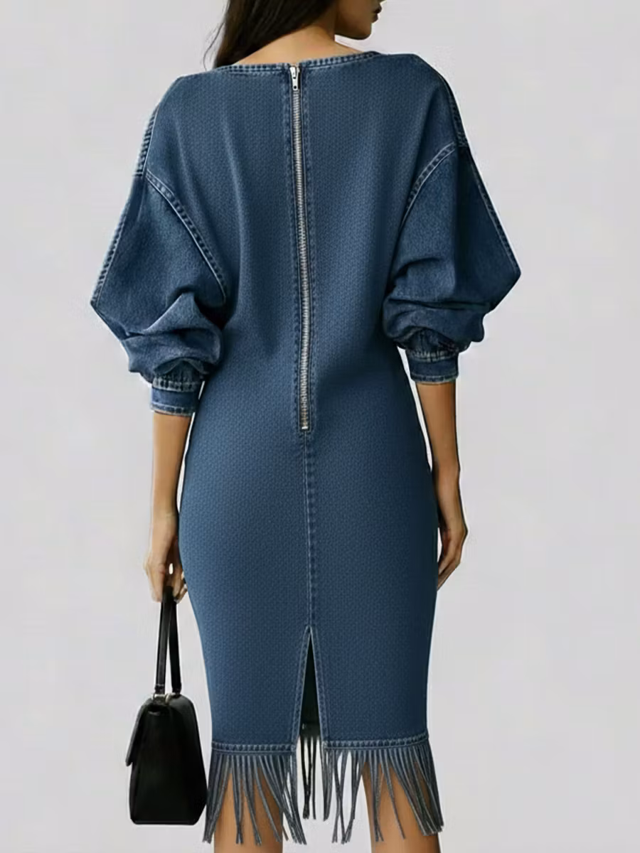 Casual Denim Dress With Tassels - iotean