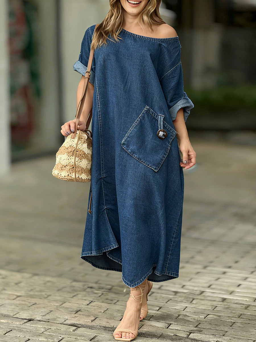 Women's Round Neck 3/4 Sleeve Casual Loose Denim Dress - iotean