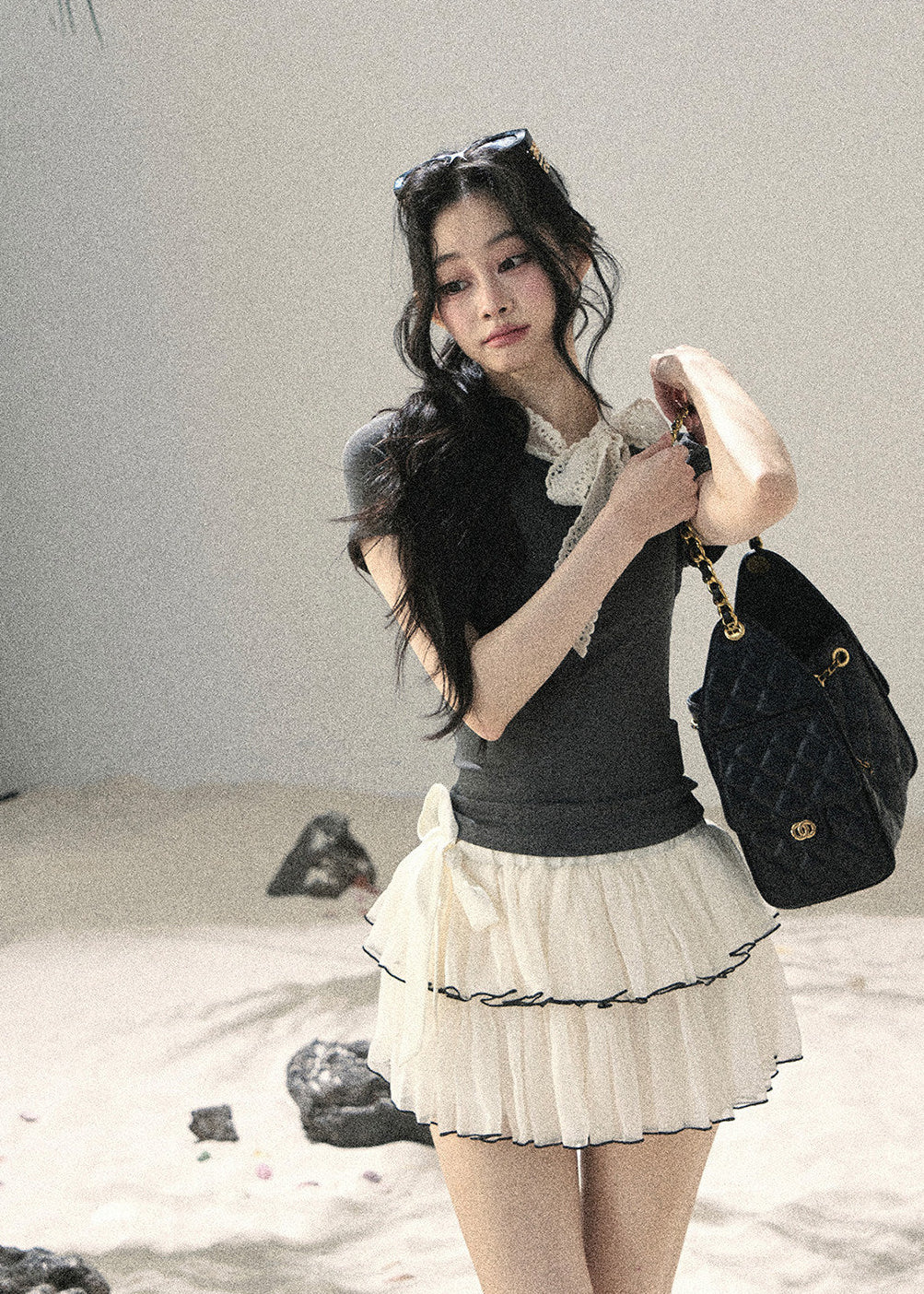 Gray Shadow Lace Bow Fitted T-Shirt - iotean
