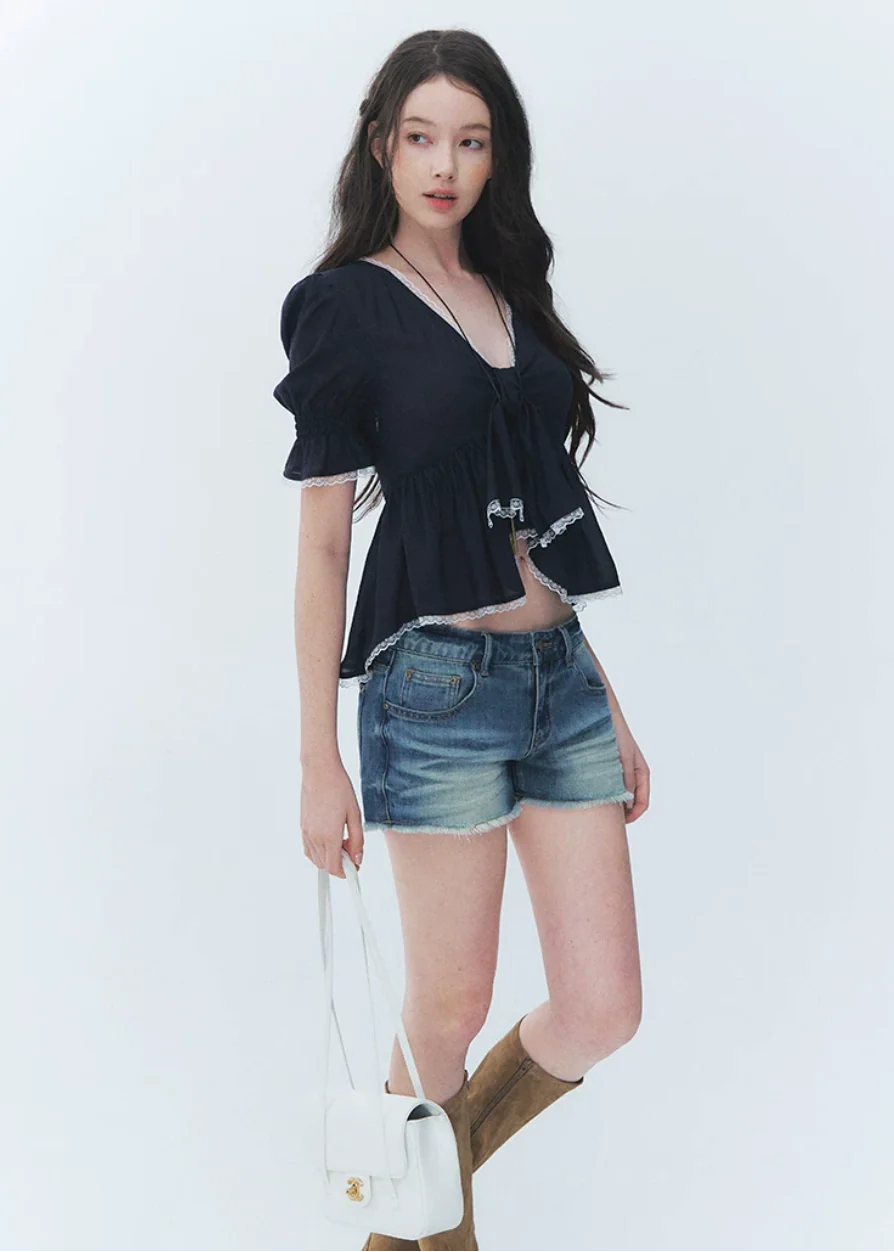 Butterfly Tie Puff Sleeve Lace Top - iotean