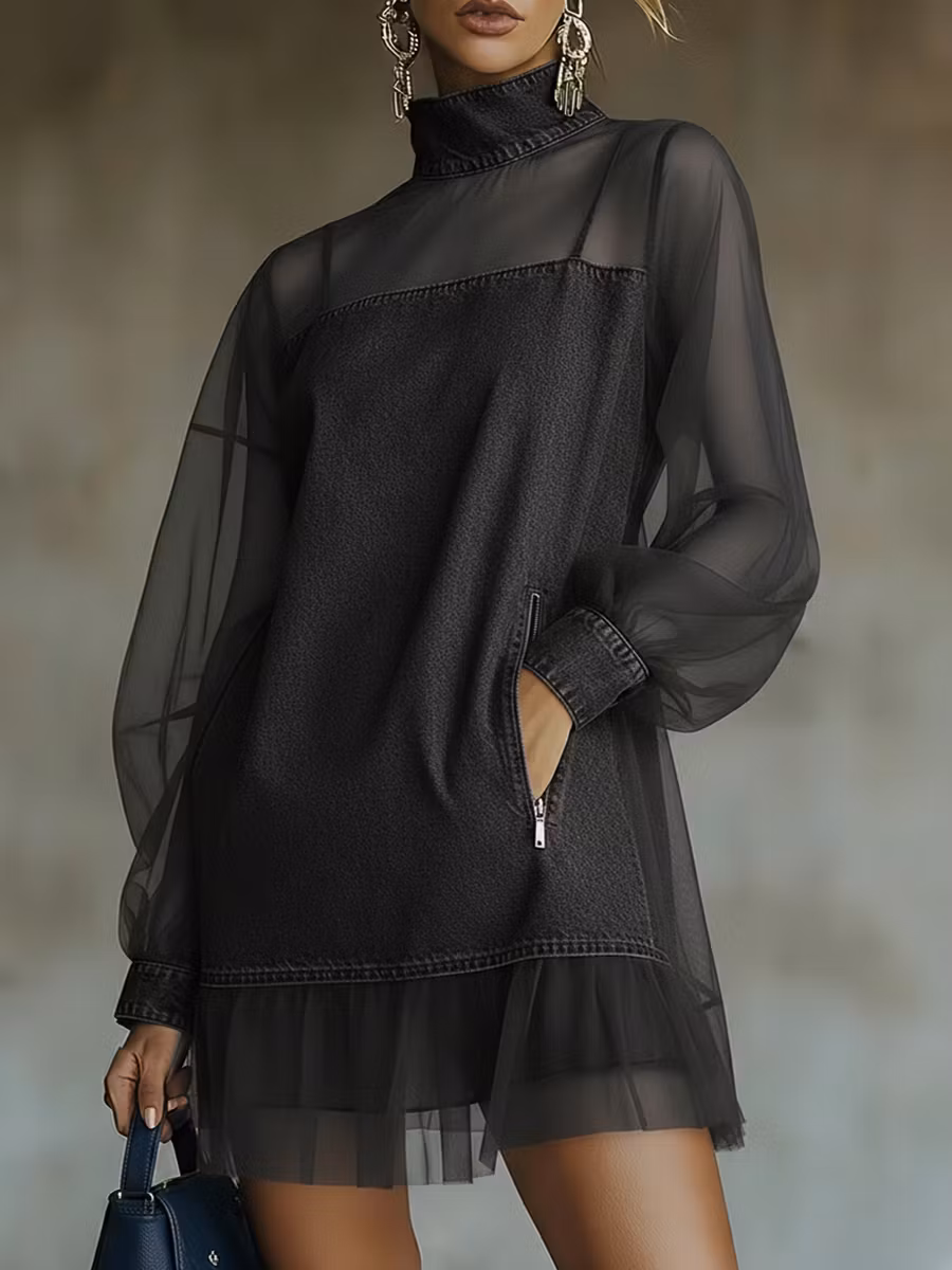 Fashionable Patchwork Organza Denim Mini Dress - iotean