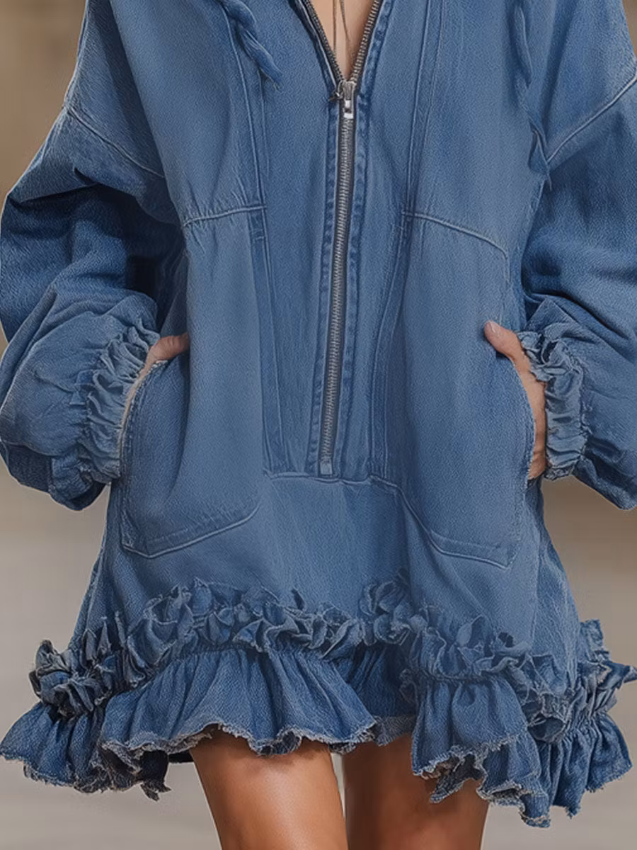 Double-pocket Ruffled Hooded Long-sleeved Denim Mini Dress - iotean