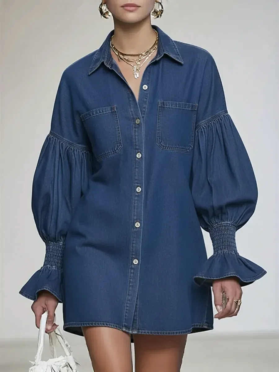 Women's Casual And Fashionable Denim Cotton Mini Dress - iotean