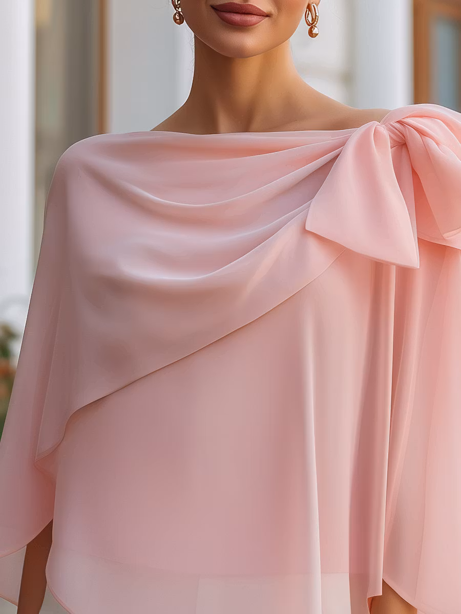 Asymmetric Bow Draped Chiffon Blouse - iotean