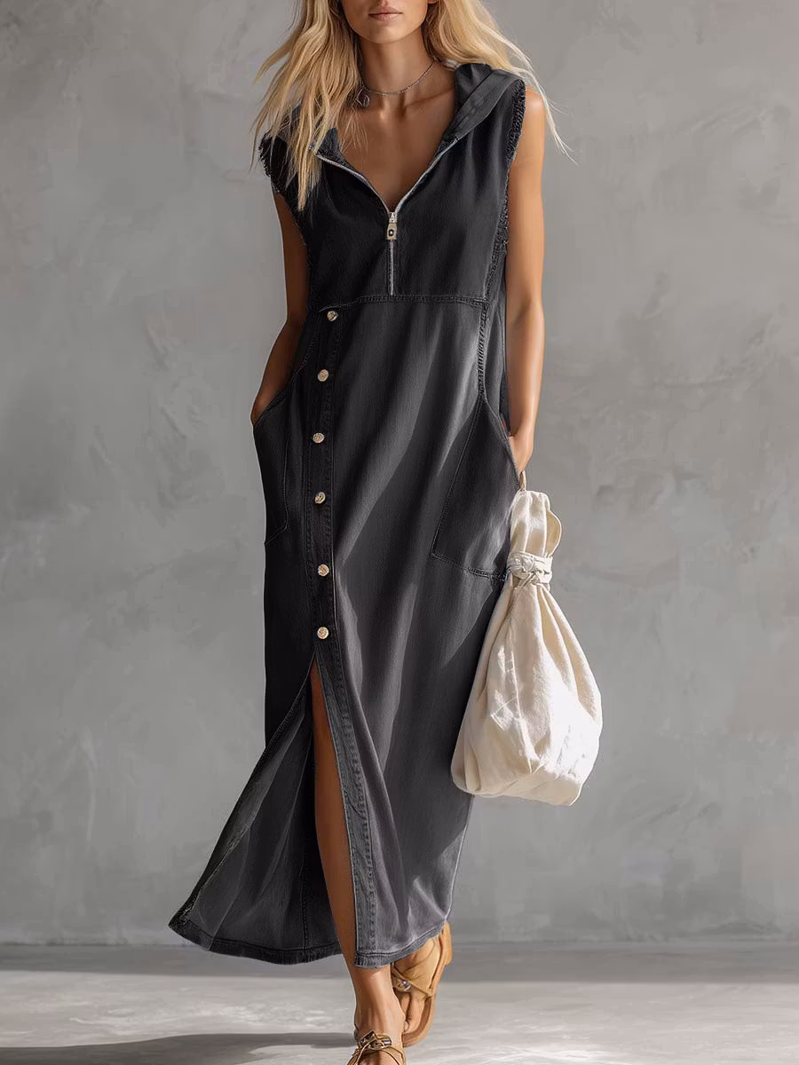 Women's Sleeveless Casual Loose Hooded Denim Dress - iotean