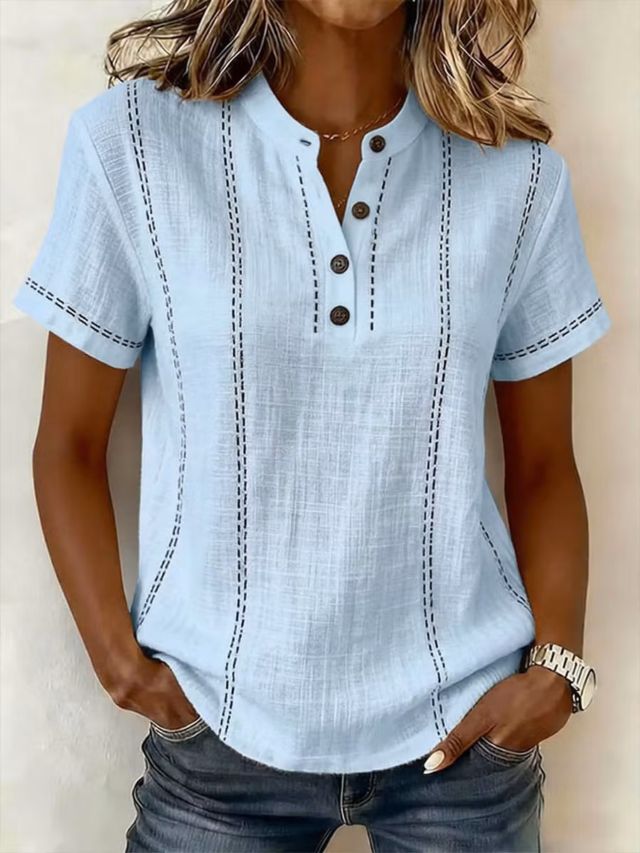 Women's V-neck Short-sleeve Casual Loose Cotton-linen Top - iotean