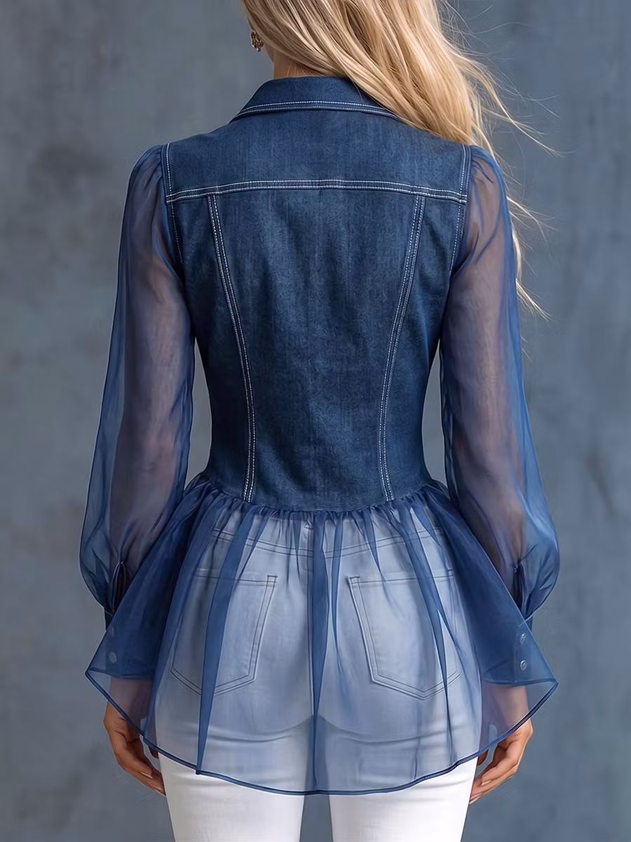 Women's Casual Loose-fit Denim-paneled Top With Lapel Collar And Long Sleeves - iotean