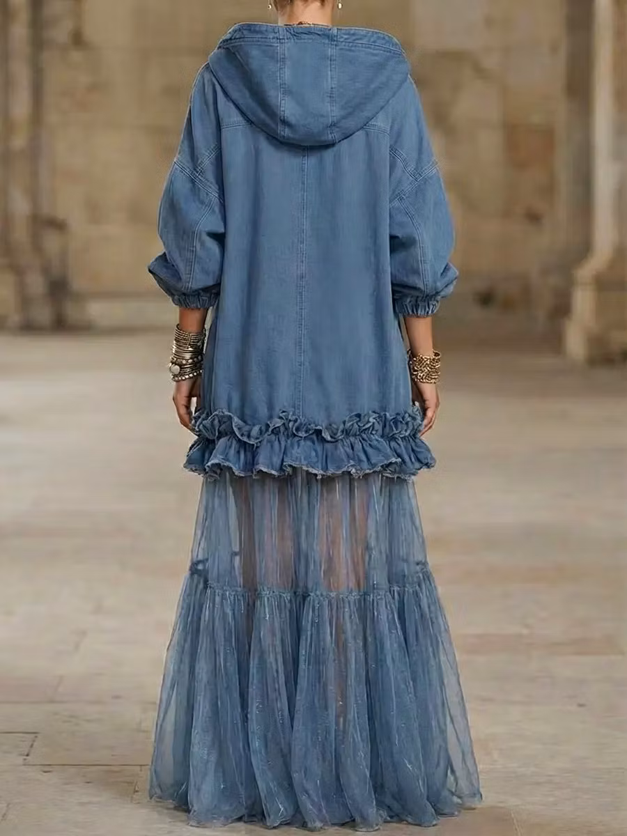 Women's Retro Hooded Zip Ruffled Denim Organza Patchwork Art Casual Maxi Dress - iotean