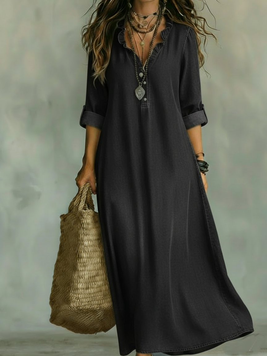 Romantic Ruffled Collar Denim Dress - iotean