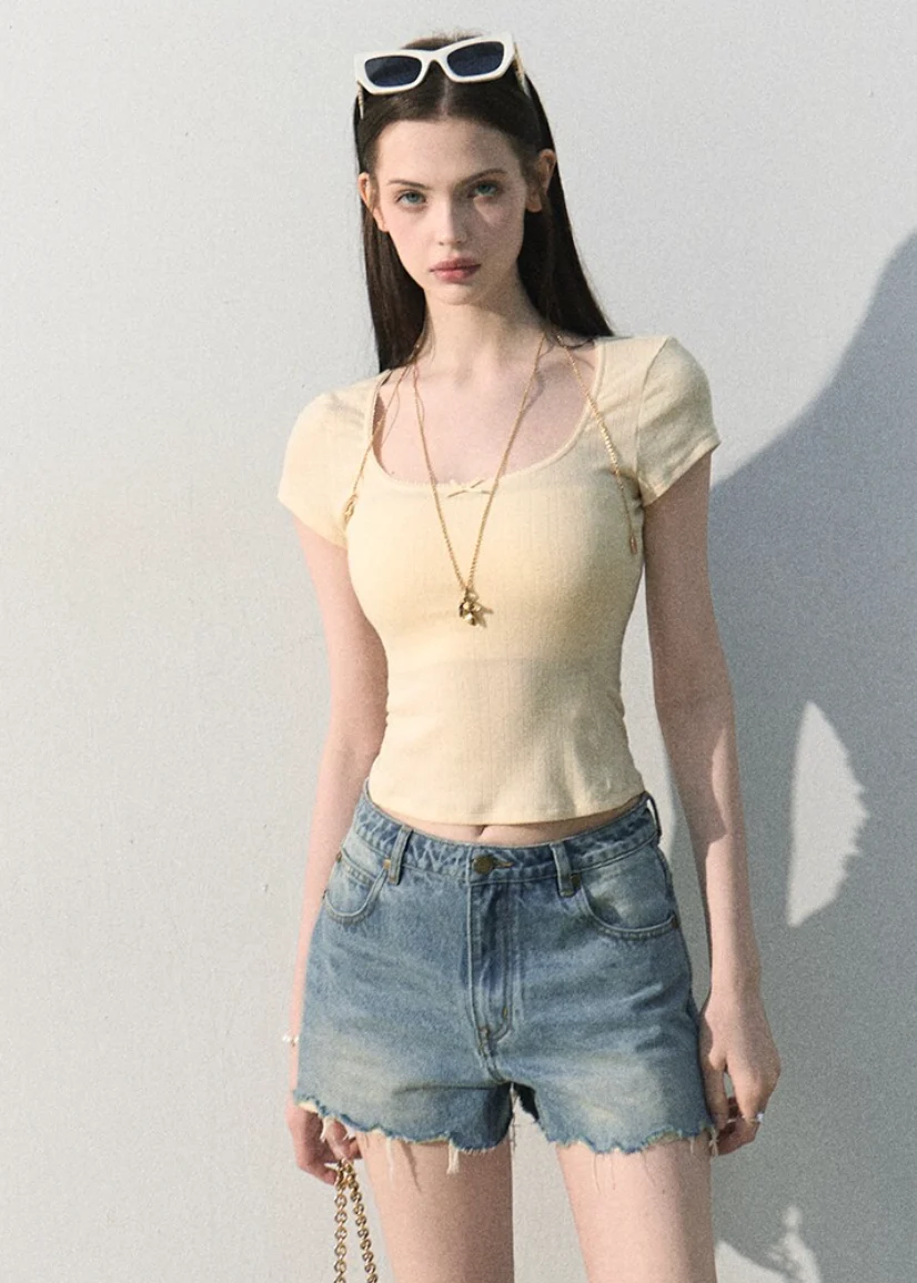 Iced Mint Lace-Trim U-Neck Top - iotean