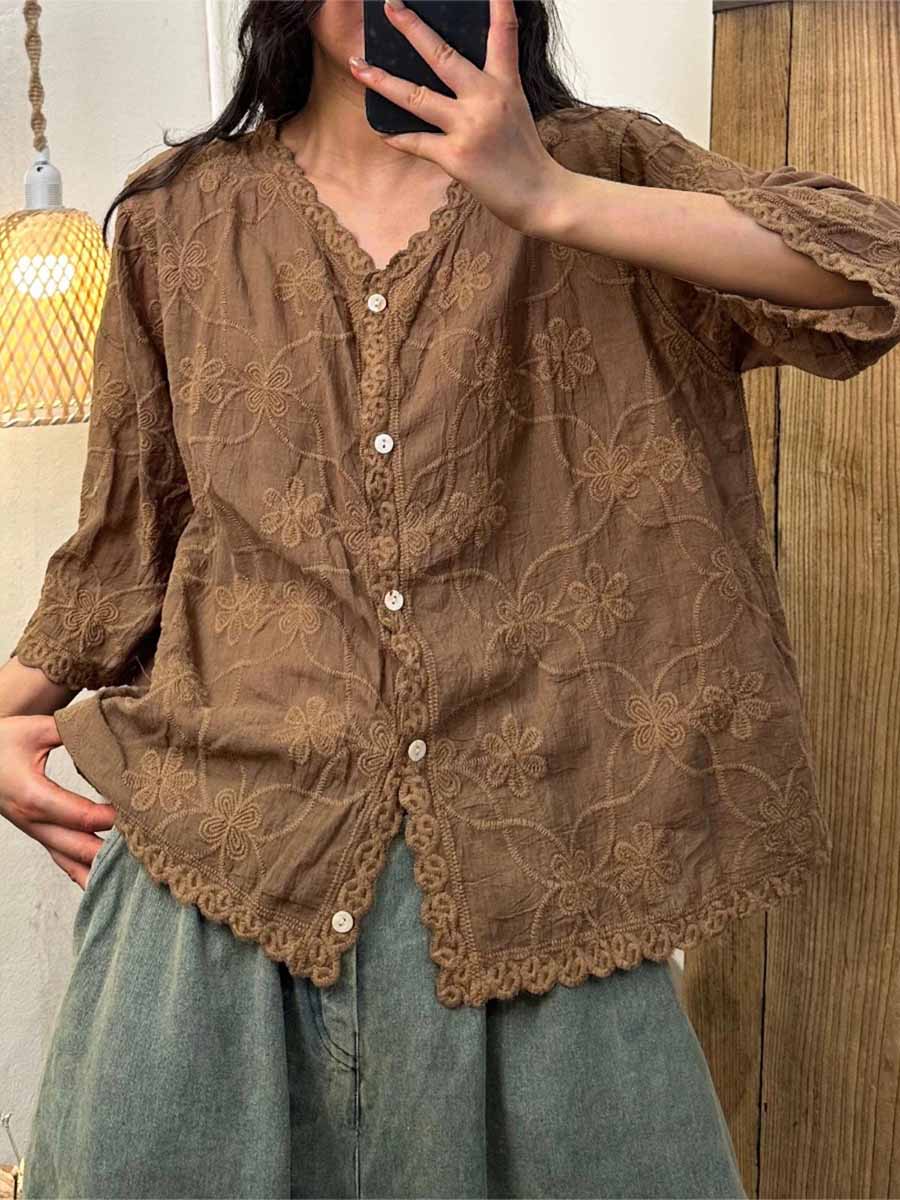Women's V-neck Half Sleeve Embroidered Cardigan Buttoned Casual Linen Top - iotean