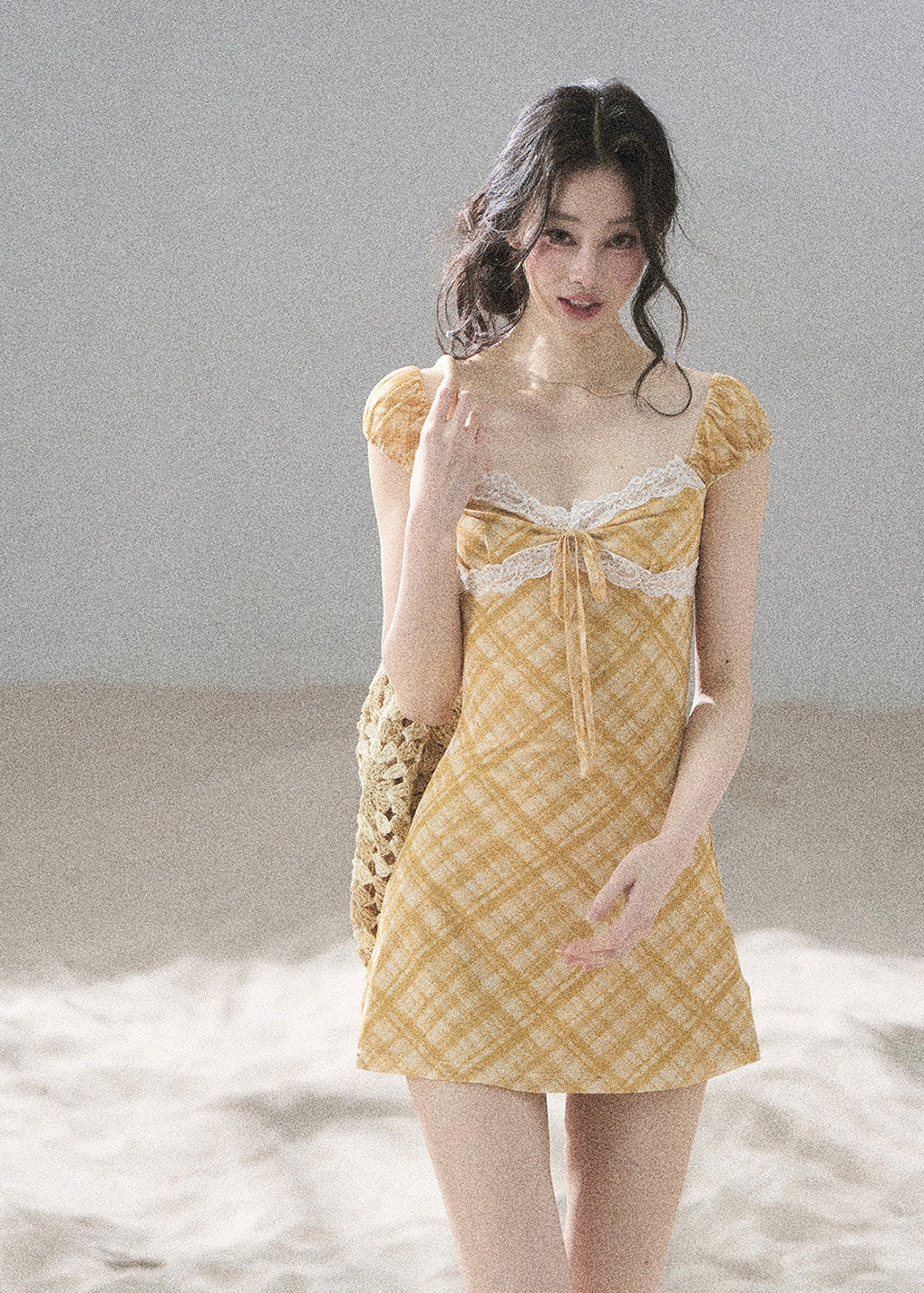 Golden Wheat Lace-Trim Mini Dress - iotean