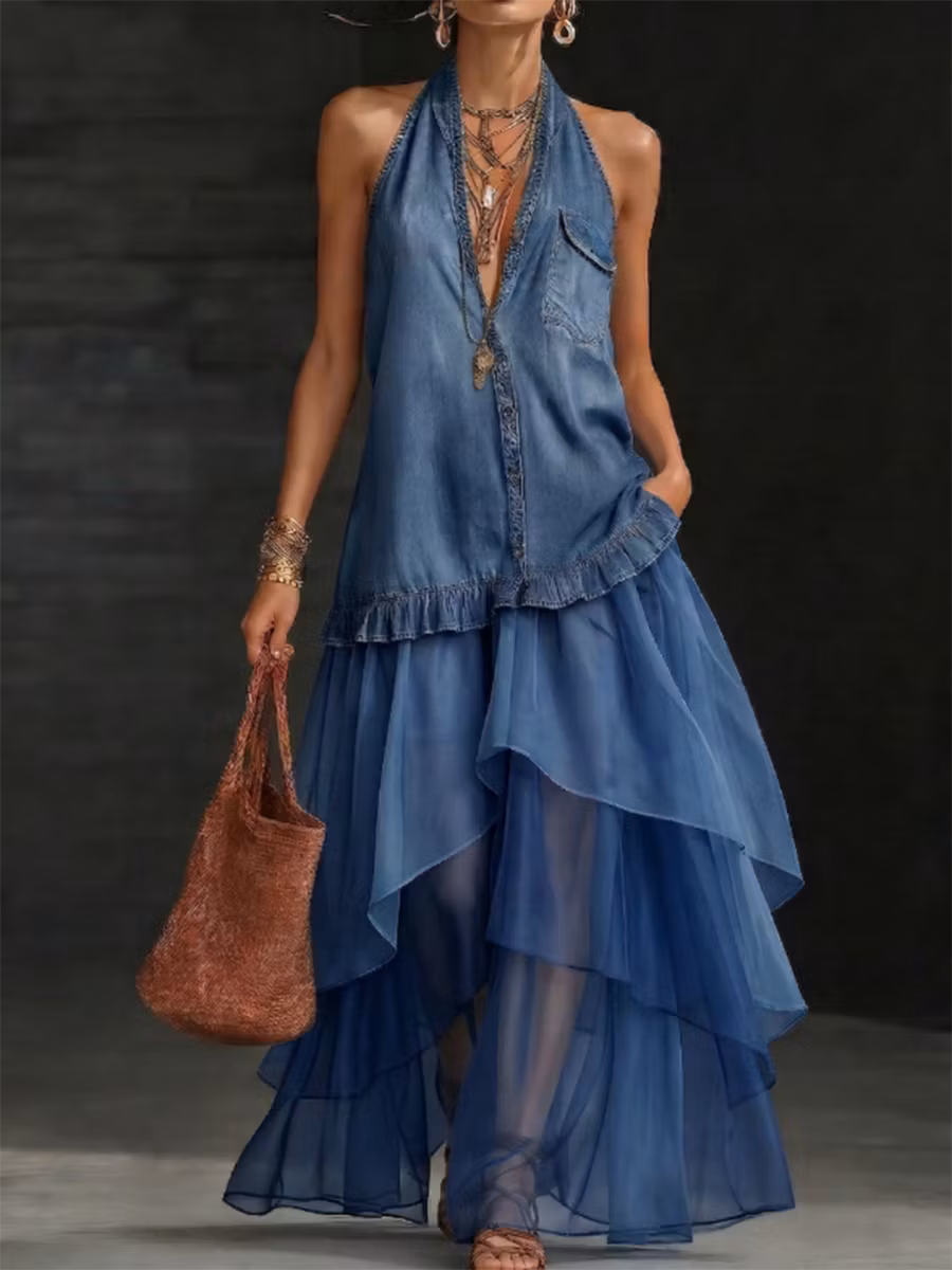 Boho Organza Hem Loose-fit Denim Maxi Dress - iotean