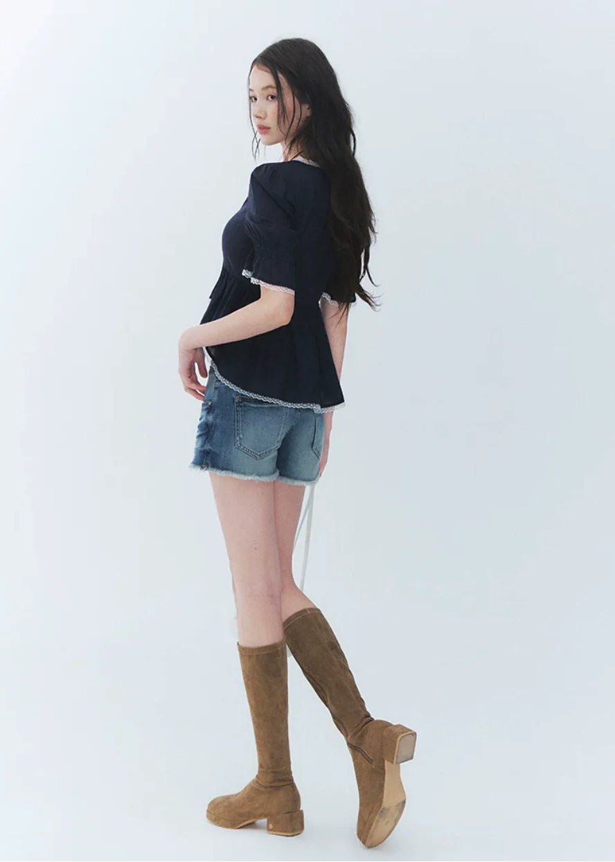 Butterfly Tie Puff Sleeve Lace Top - iotean