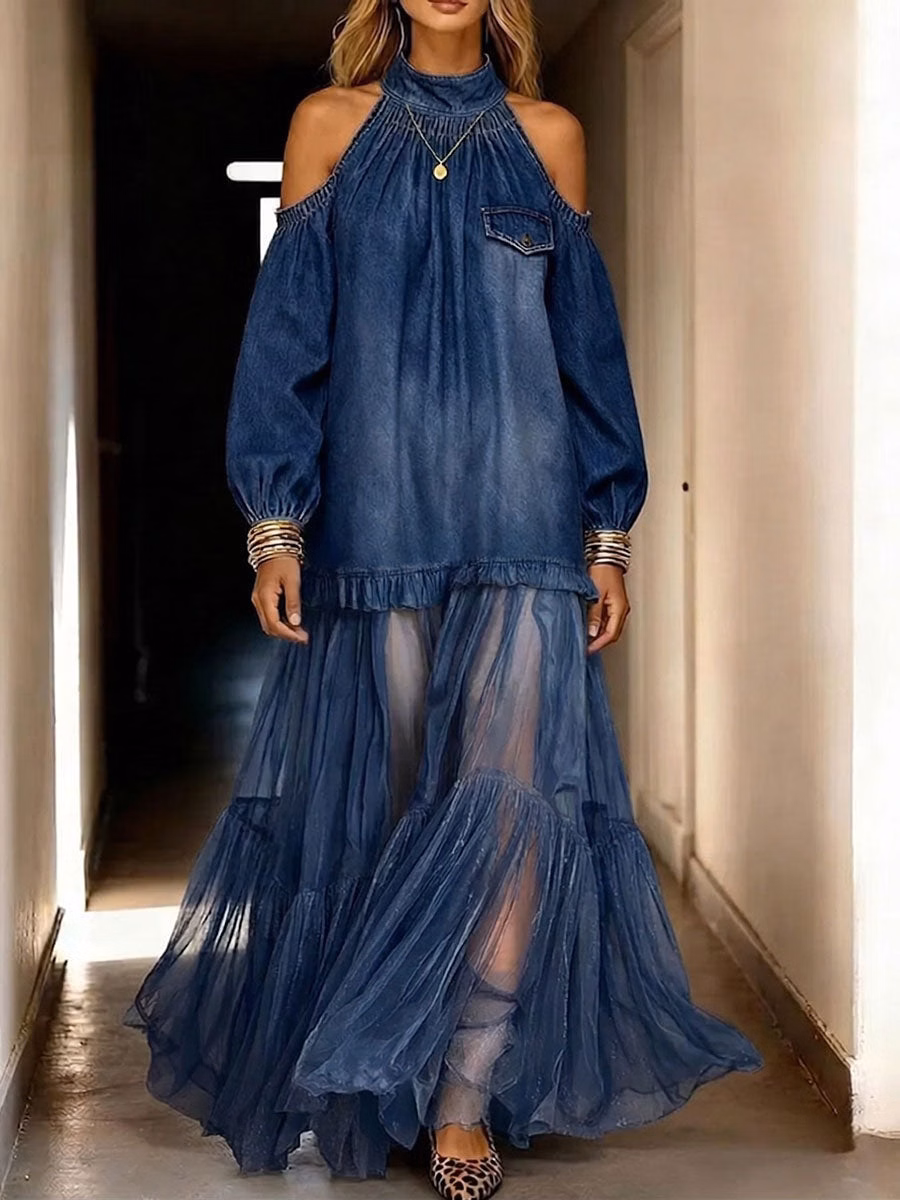 Women's Casual Loose-fit Dress: Stand Collar Long Sleeve Denim And Chiffon Patchwork - iotean