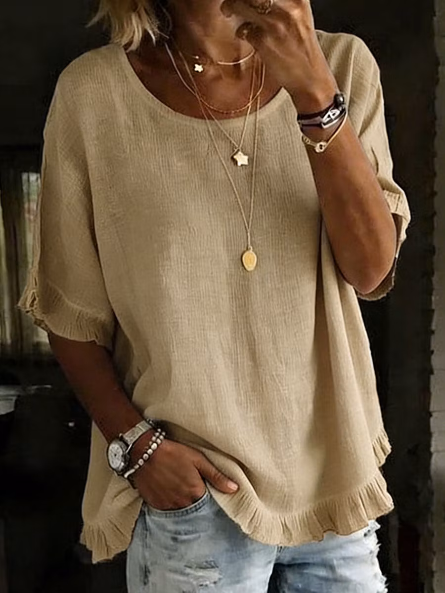 Women's Short-sleeved Round Neck Cotton Linen Solid Color Loose Shirt - iotean