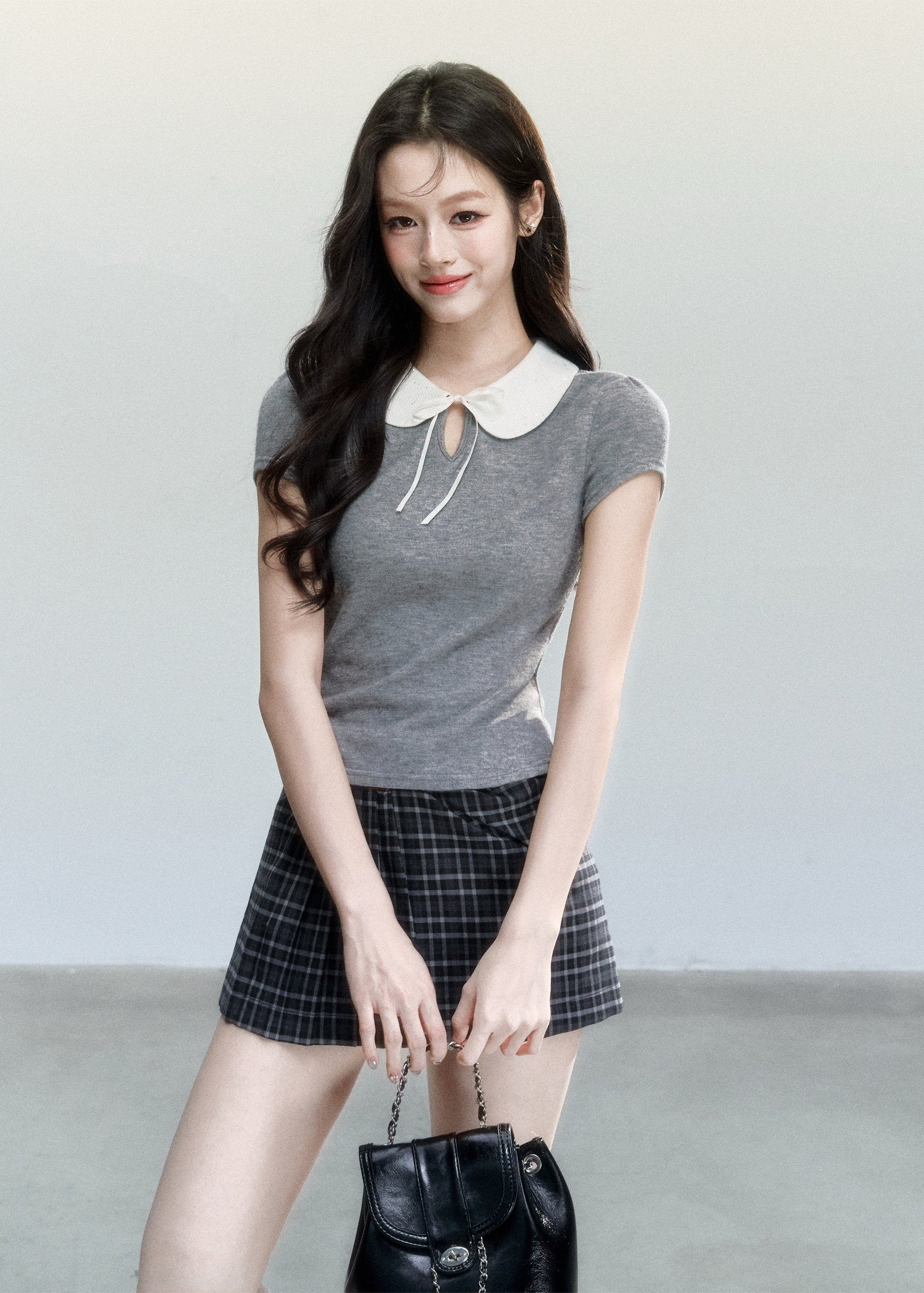 Doll Collar Slim Knit T-Shirt - iotean