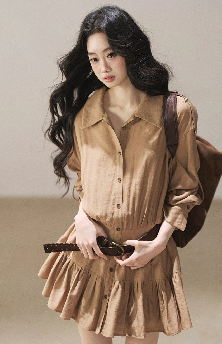 Golden Wheat Lapel Dress Set - iotean