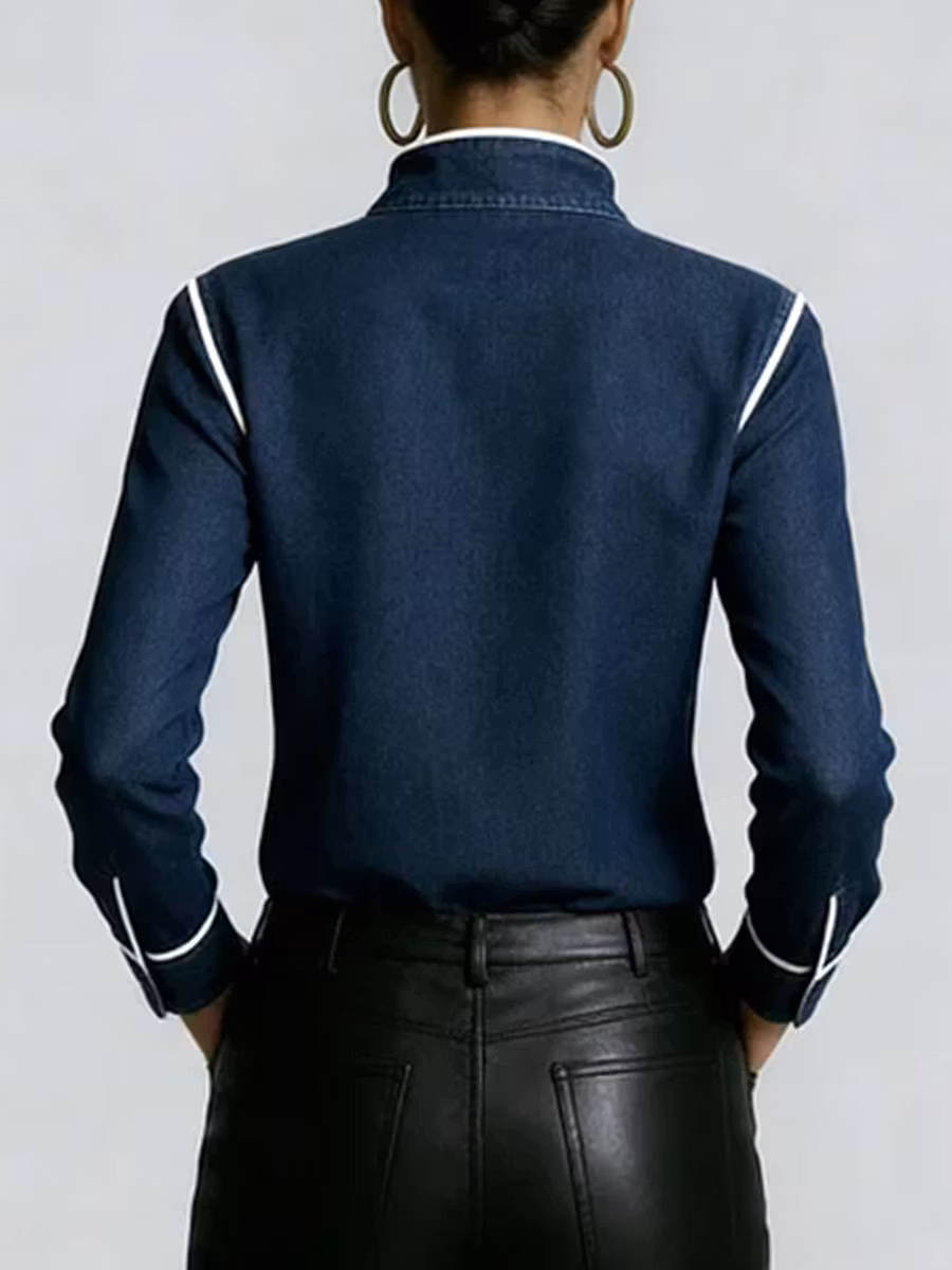 Women's Stand Collar Long Sleeve Casual Loose Denim Shirt - iotean