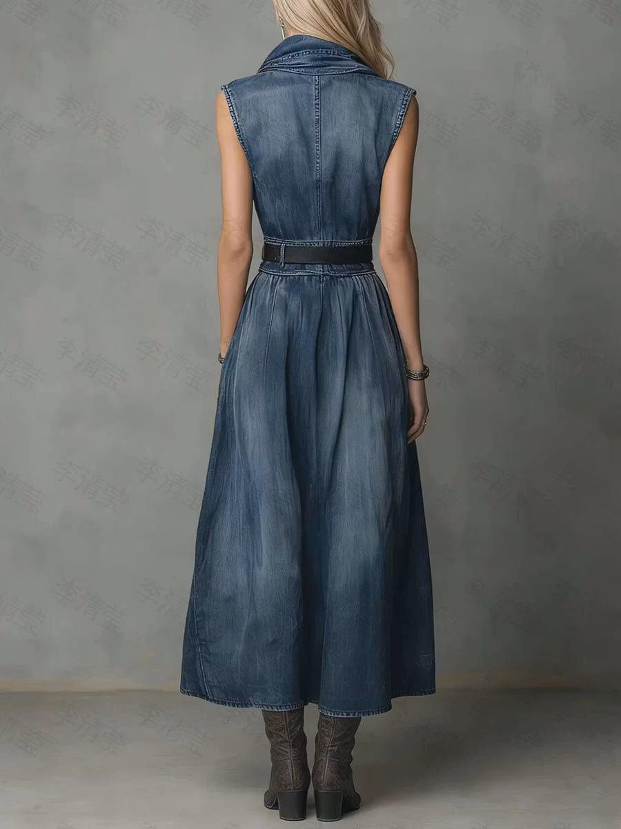 Women's Sleeveless Casual Loose Denim Dress With A Ruffled Neckline - iotean