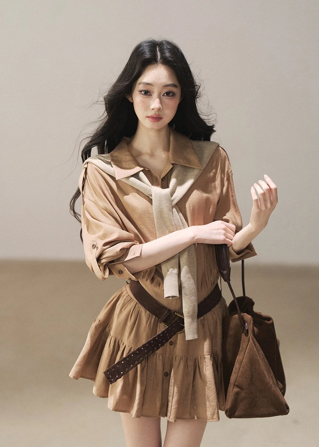 Golden Wheat Lapel Dress Set - iotean