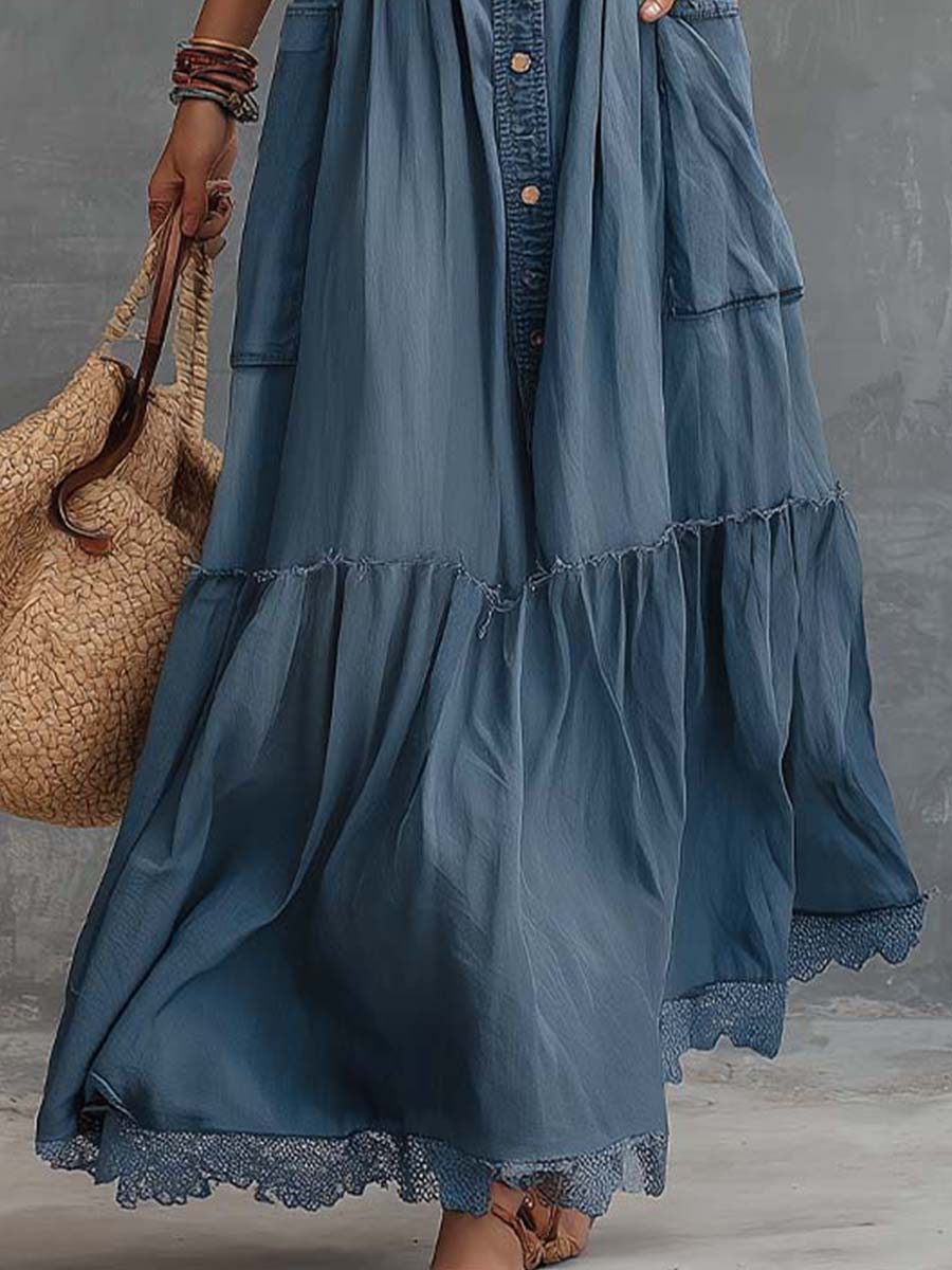 Tencel Denim Sleeveless Button-down Long Dress - iotean