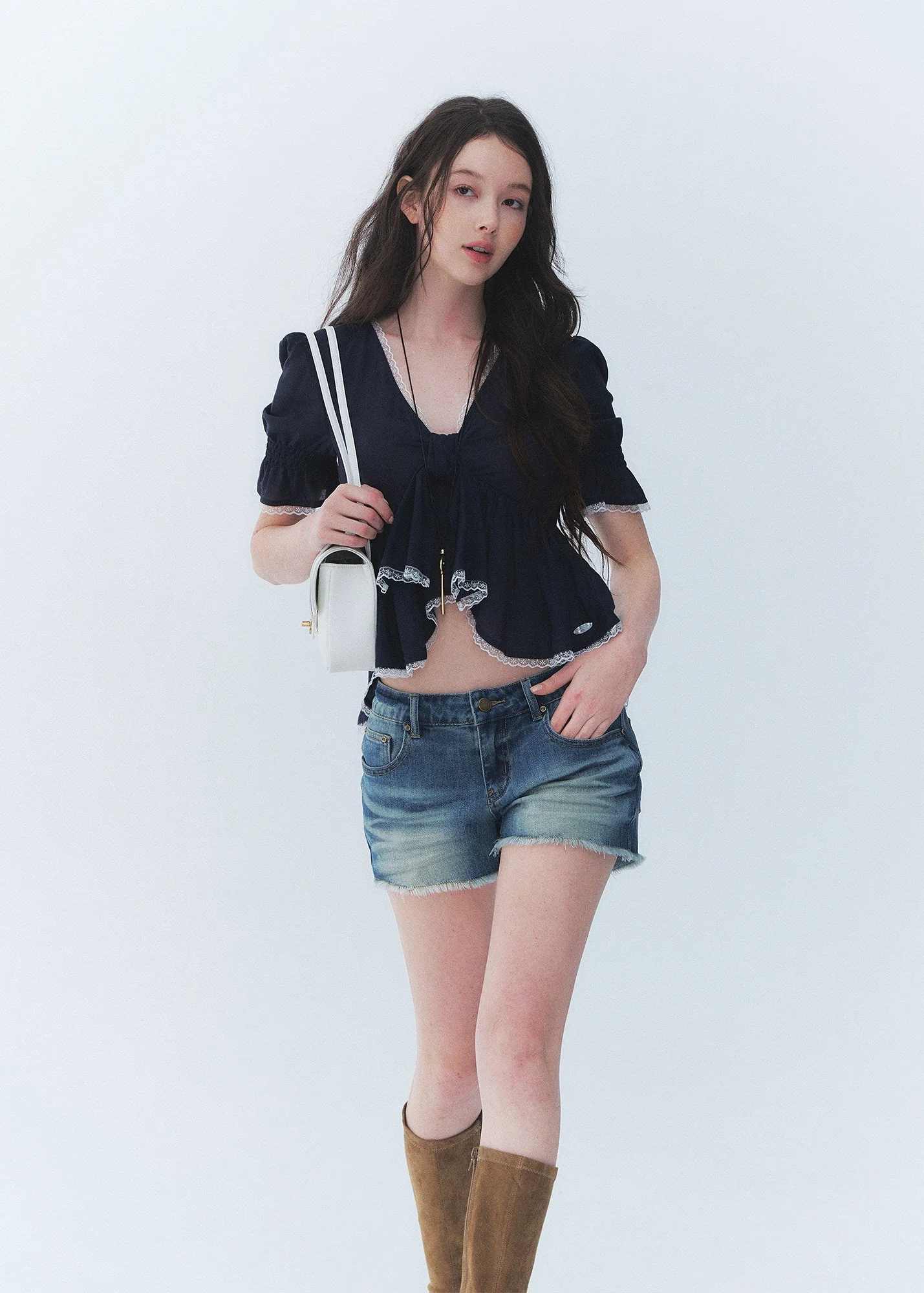Butterfly Tie Puff Sleeve Lace Top - iotean