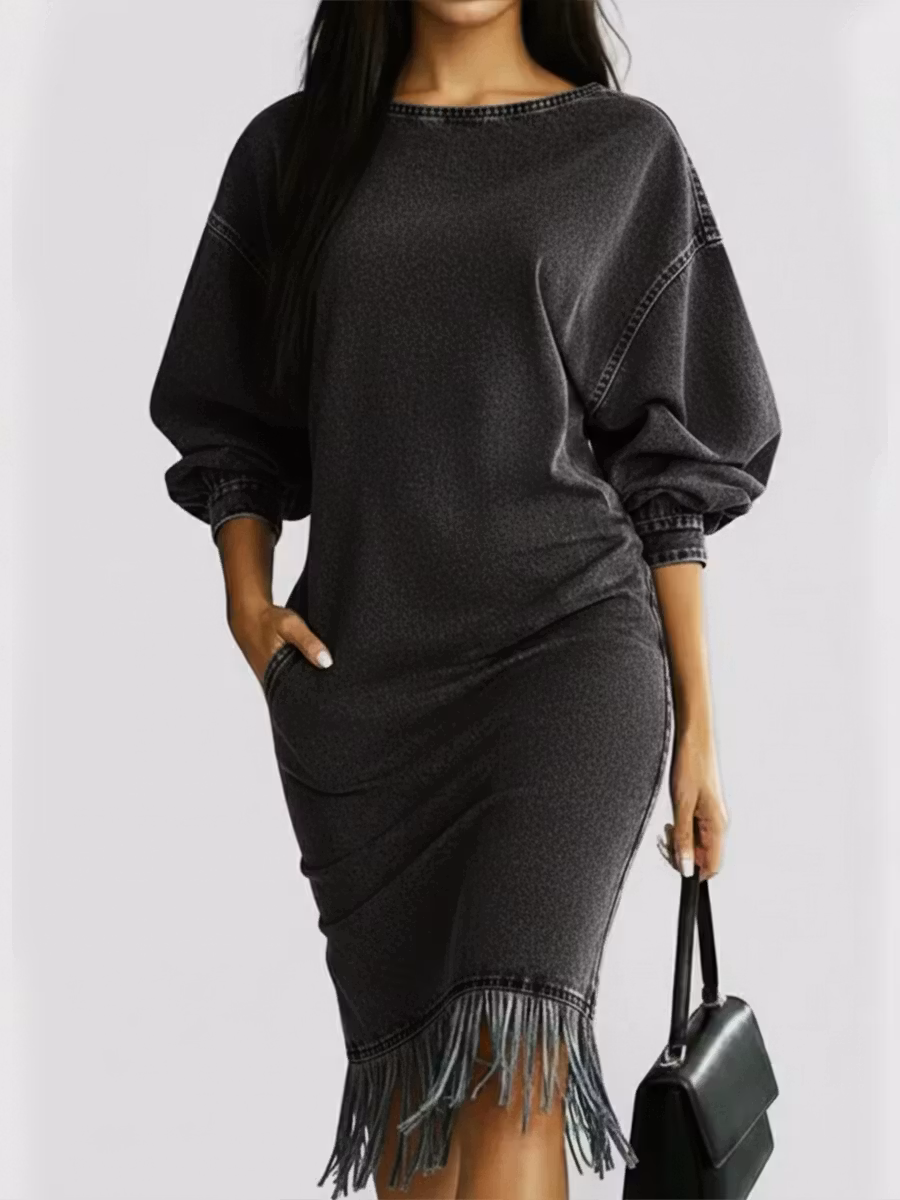 Casual Denim Dress With Tassels - iotean