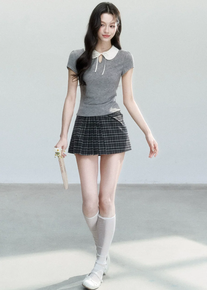Doll Collar Slim Knit T-Shirt - iotean