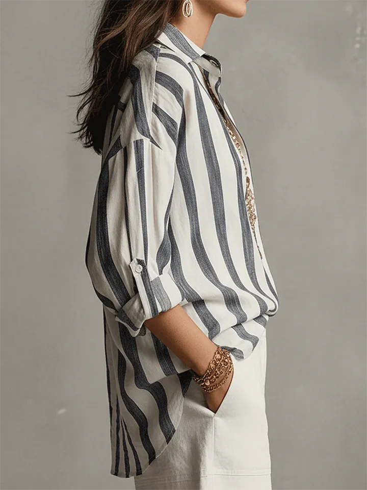 Cozy Striped Linen-cotton Shirt Top - iotean