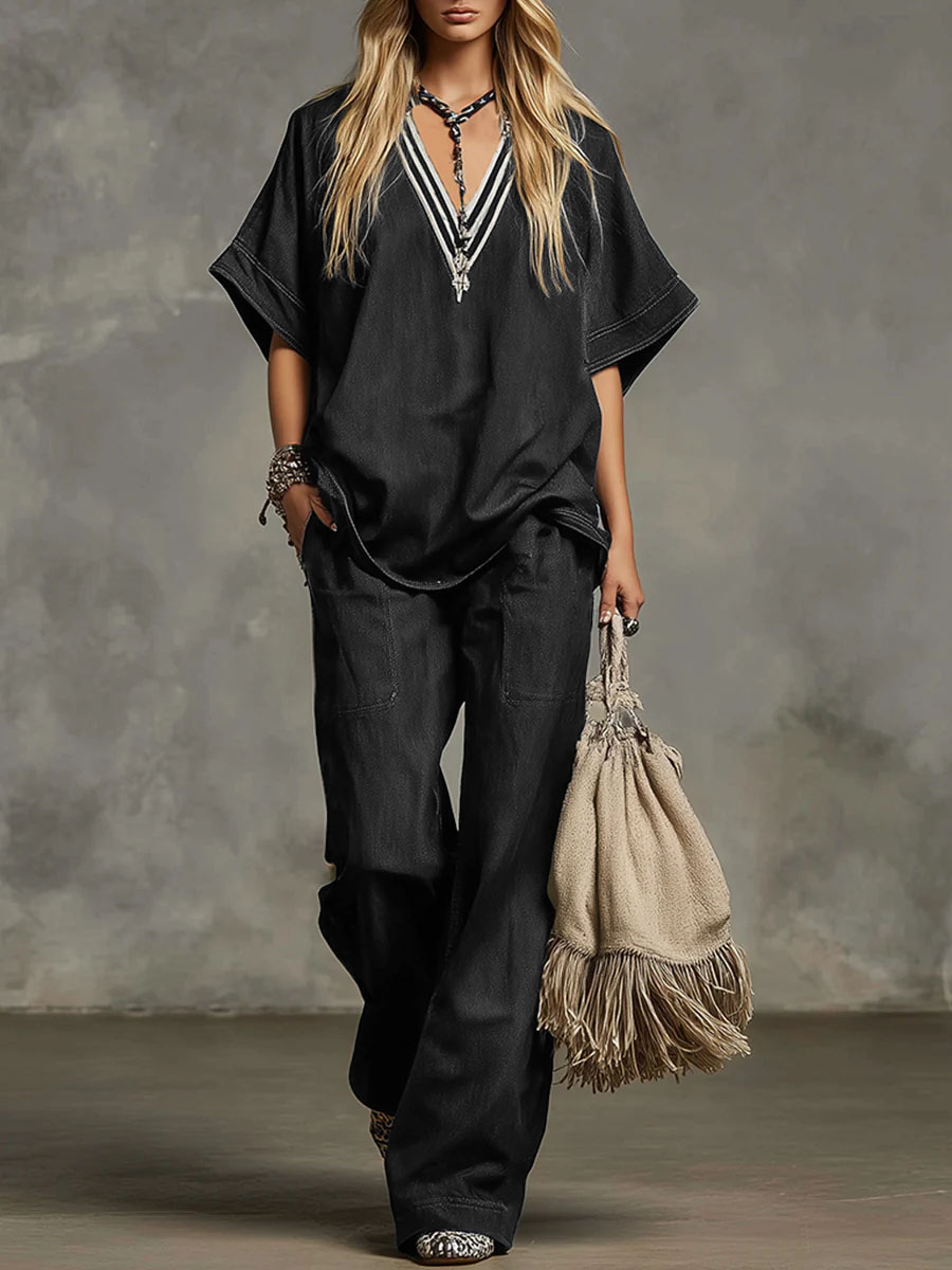 Women's V-neck Short-sleeved Casual Loose Top And High-waisted Casual Loose Wide-leg Denim Pants Set. - iotean